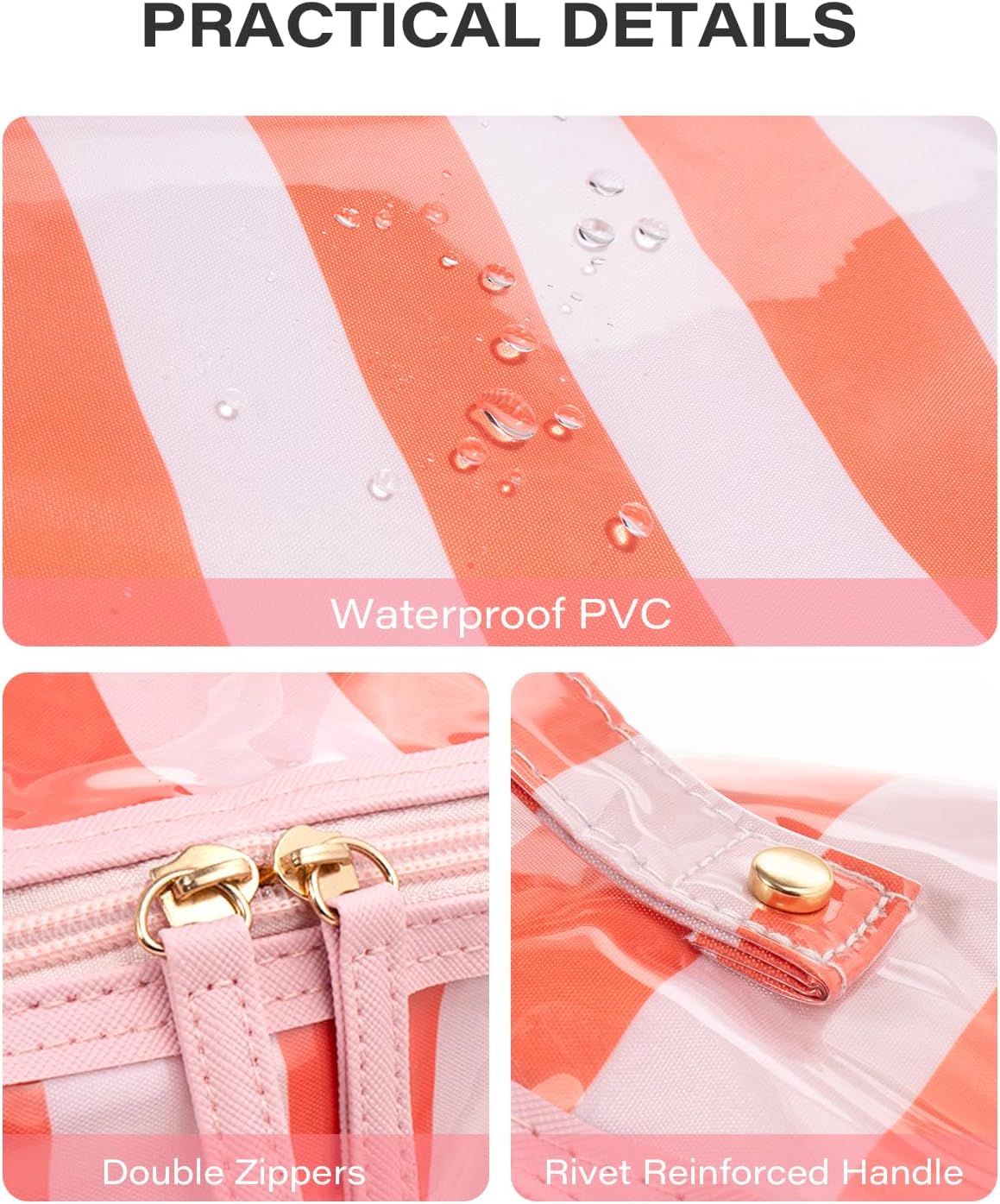 LETGO Preppy Stripe Clear Travel Makeup Bag,Waterproof Sunscreen Bag Clear Makeup Toiletry Pouch Beach Vacation Essentials for Women Teen Girls Trip Gifts Summer Pool Travel Accessories(Orange White)