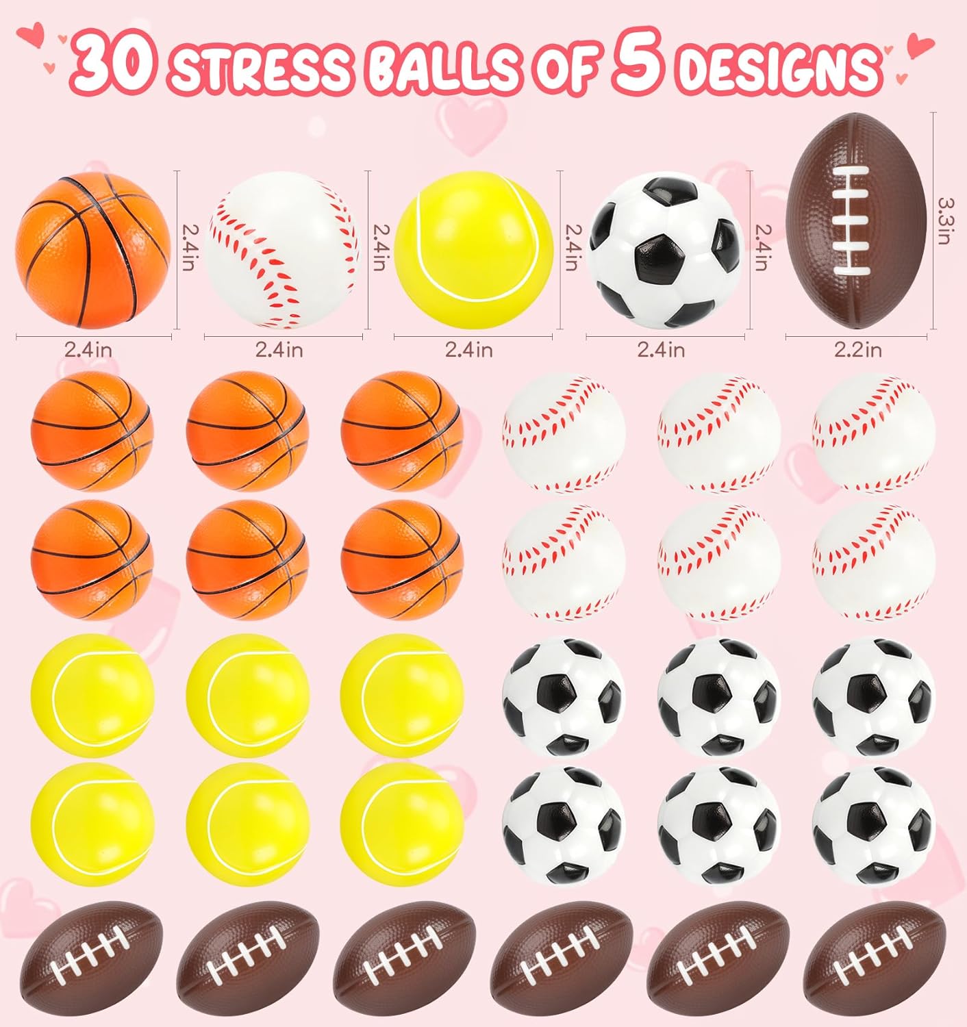 30 Pack Valentine Cards for Kids Classroom with Sports Squeeze Balls Bulk, Fun Valentine Classroom Gifts, Valentine Exchange for Boys Girls School Class Game Prizes Fidget Toys Party Favors