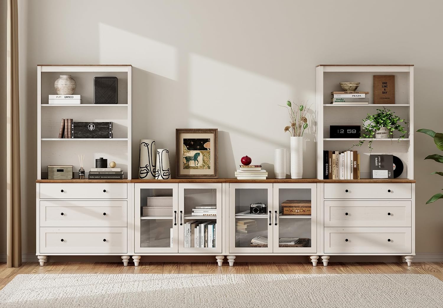 WAMPAT Entertainment Center with Bookshelves with Glass Doors & Drawer, Farmhouse Wall Unit TV Stand for TVs up to 75", Media Console Table for Living Room, Bedroom & Home Theater, White