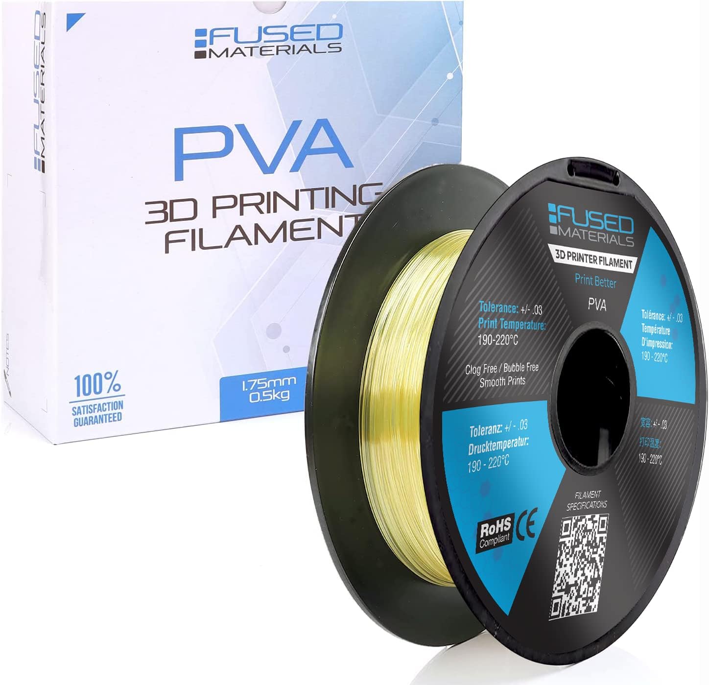 Fused Materials PVA Filament 1.75mm – Water-Soluble Support Material for 3D Printing – Compatible with Bambu Lab, Polymaker, Overture, and More – Works with PLA, PETG, Nylon, ABS – Clear & Transparent