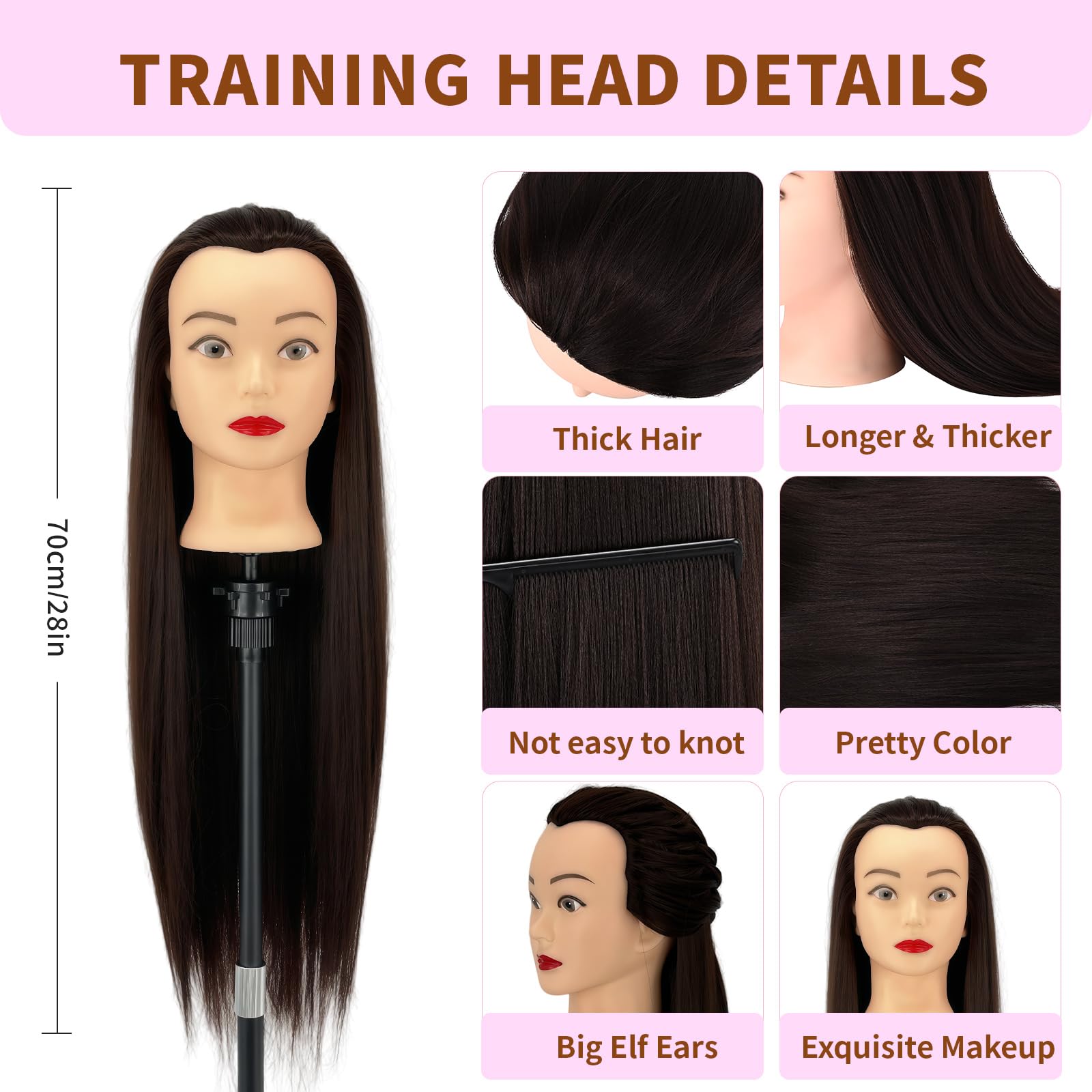 Presilkee 28" Cosmetology Mannequin Head With Hair - Doll Head For Hair Styling, Drak Brown - Image 2