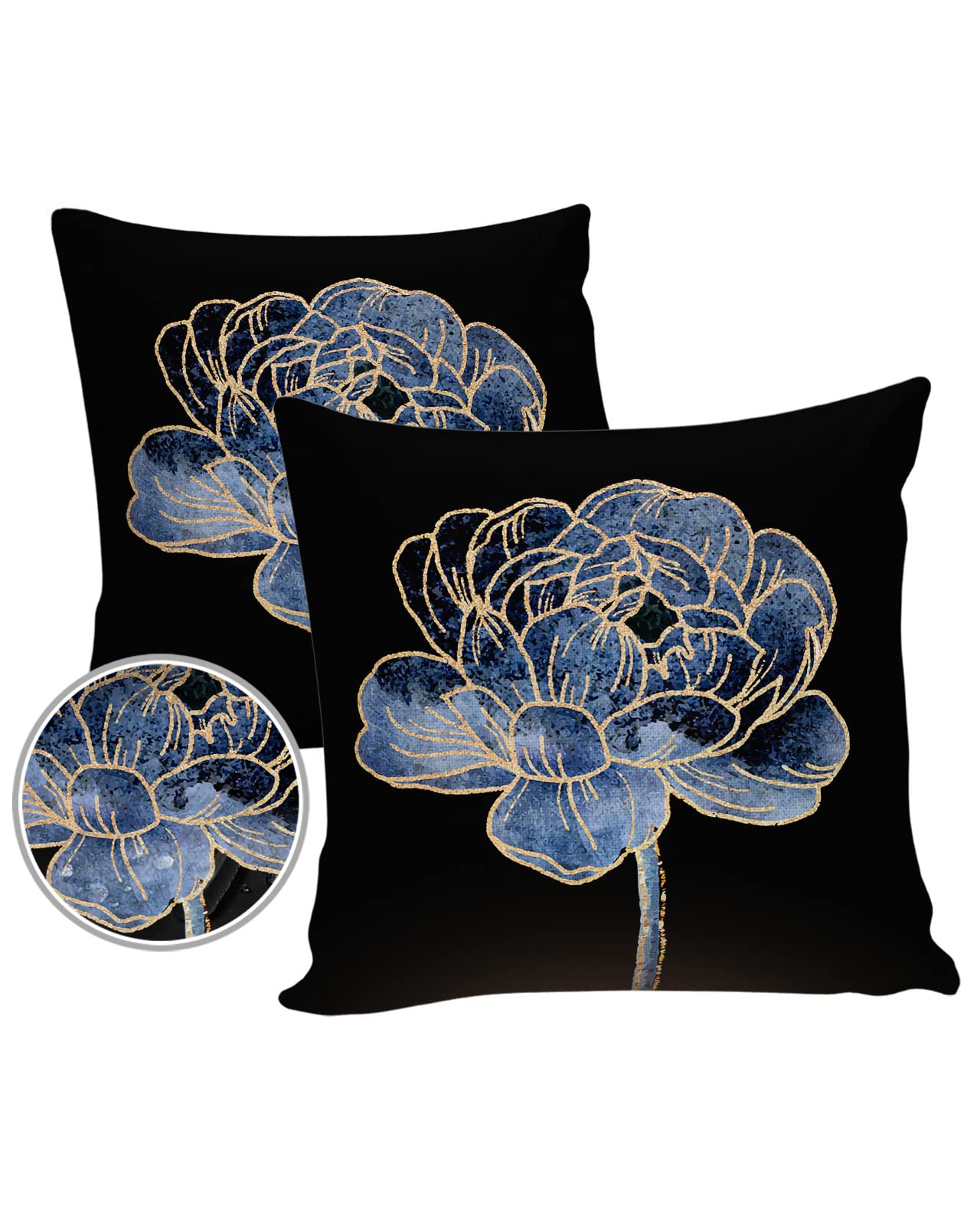 Outdoor Pillow Covers Waterproof, Blue Floral with Golden Line All Weather Cushion Case Set of 2, Abstract Art Flowers Black Decorative Pillowcases for Sofa Couch Bed Decor Patio Furniture 16
