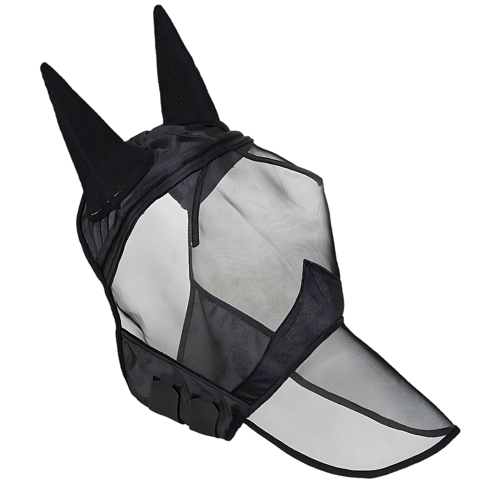 Fliegenmaske für Pferde, Vollgesichtsschutz mit langem Nasenteil, atmungsaktives Polyester-Mesh, Sonnenschutz, einteiliges Design mit Ohren, Maskenlänge 35 in / 89 cm, Schwarz, sicherer Sitz