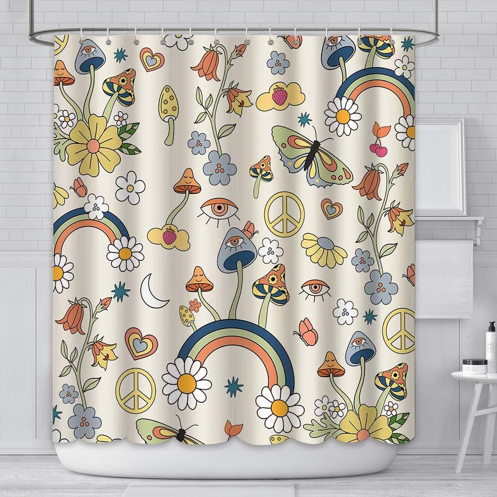 180x180cm Mushroom Shower Curtain Boho Floral Washable Waterproof Fabric Bath Curtains Set Hippie 70s 80s Funky Groovy Aesthetics Retro Curtains for Bathroom with 12 Hooks