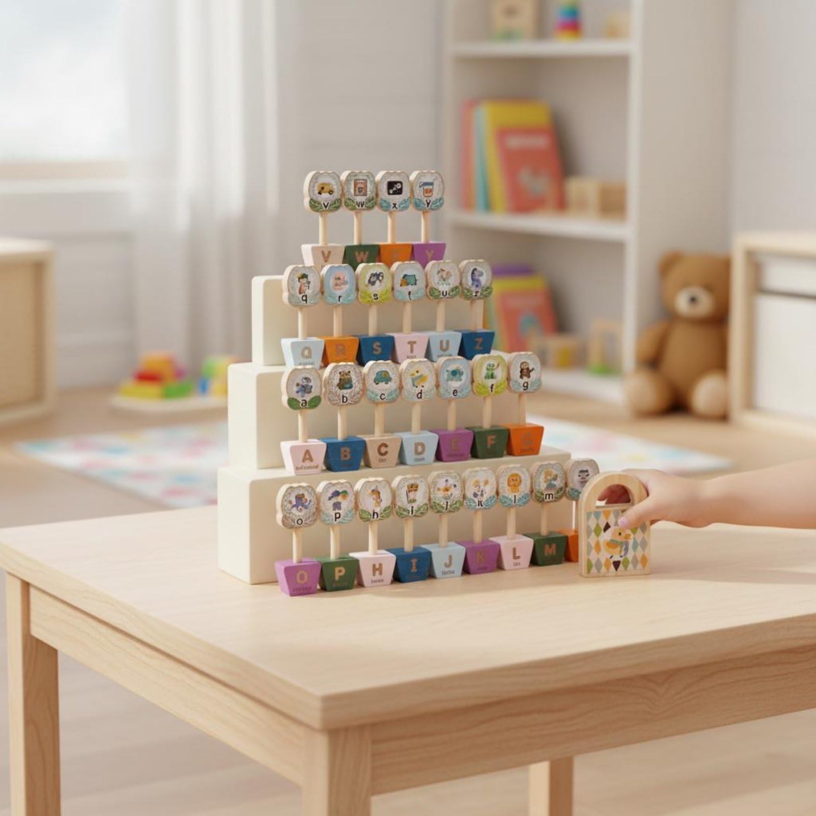 Jouet Éducatif Alphabet Enfant Lettres Majuscules Minuscules Jeu Reconnaissance Mots Images Bloc Tri Fleurs Pot Bois Activité Sensorielle Motricité