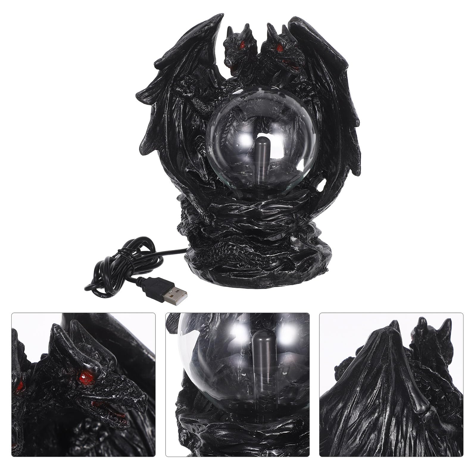 Lampada al Plasma a Forma di Drago Sfera Magica Touch Elettrostatica in Resina Nero con Design Creativo per Decorazione Casa e Festa