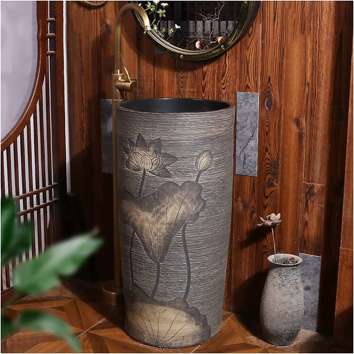 OLSKFUH Freestanding Pedestal Sink Floor Standing Art Sink Pedestal Sink Handcrafted Ceramic Wash Basin Pedestal Washbasin Kaolin Clay Round Freestanding Sink With Drain & Faucet,H-With mirror