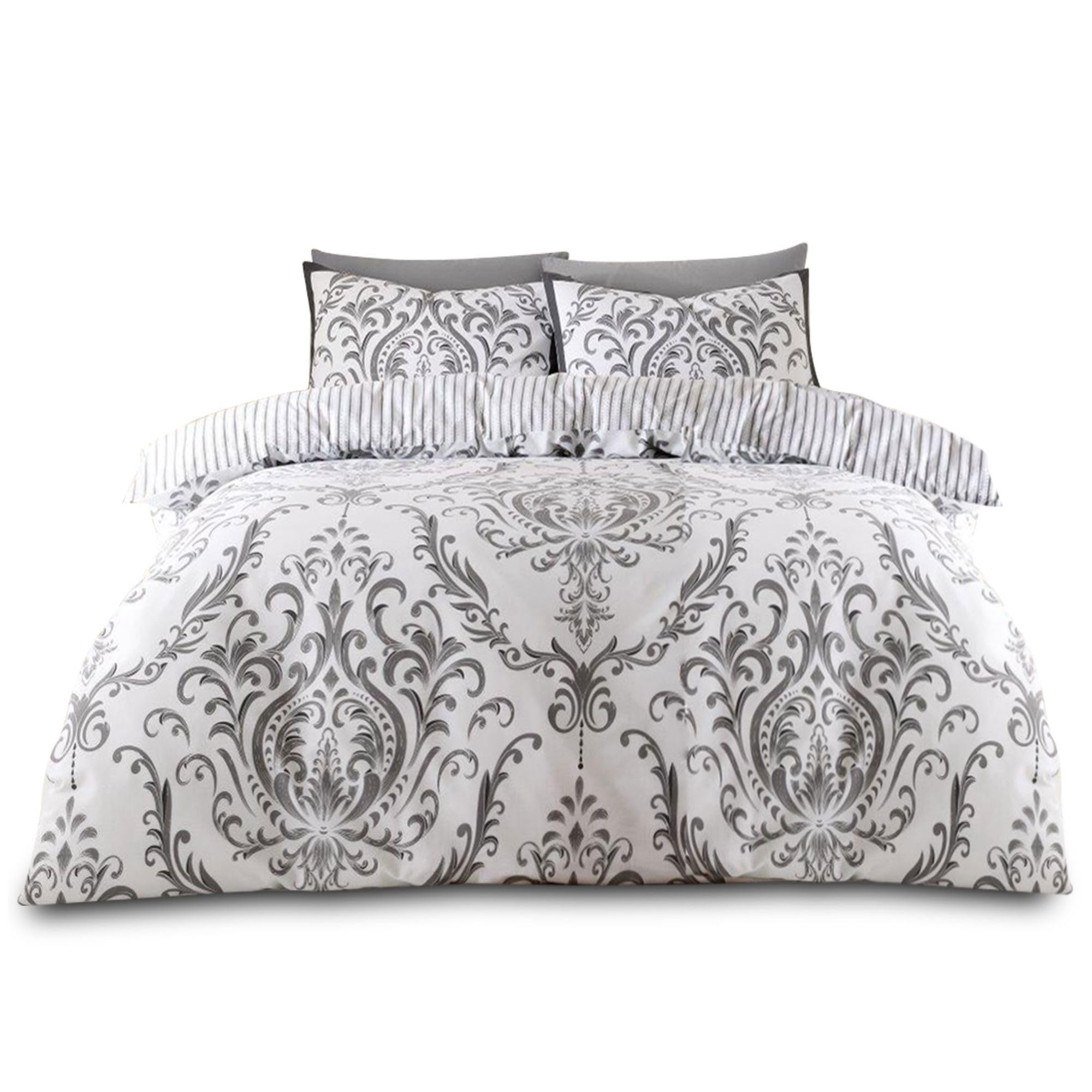 VELVETIO Luxury Damask Duvet Cover Set King with Pillowcases, Breathable Printed Floral Bedding Bedset, Polycotton Reversible Stripe Quilt Coverlet, Charcoal