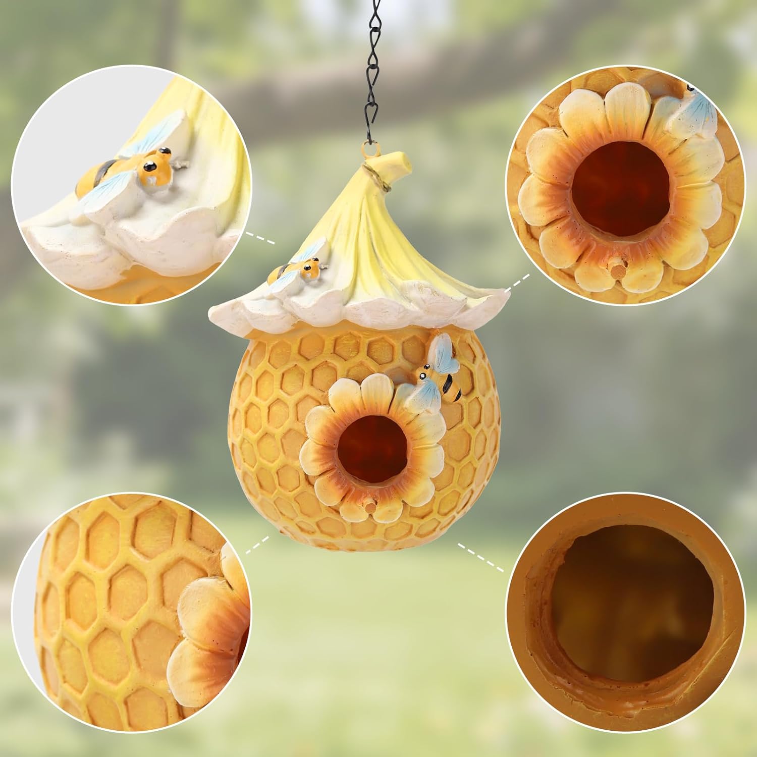 Bird Houses for Outside Yellow Cottage Resin Birdhouse, Garden Outdoor Decor Bird House with Flower and Bees, Birdhouses for Outdoors for Bluebird Finches Cardinals