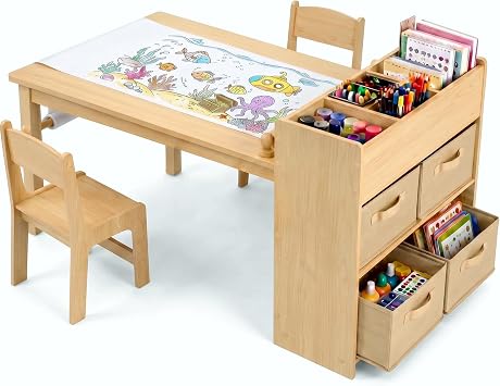 Kids Art Table & 2 Chairs Set, Wooden Activity Craft Desk w/ Paper Roll | Sturdy Wooden Table with Organizers, Open Shelves, Removable Bins, for Toddlers Art Crafts Drawing Painting Writing Natural