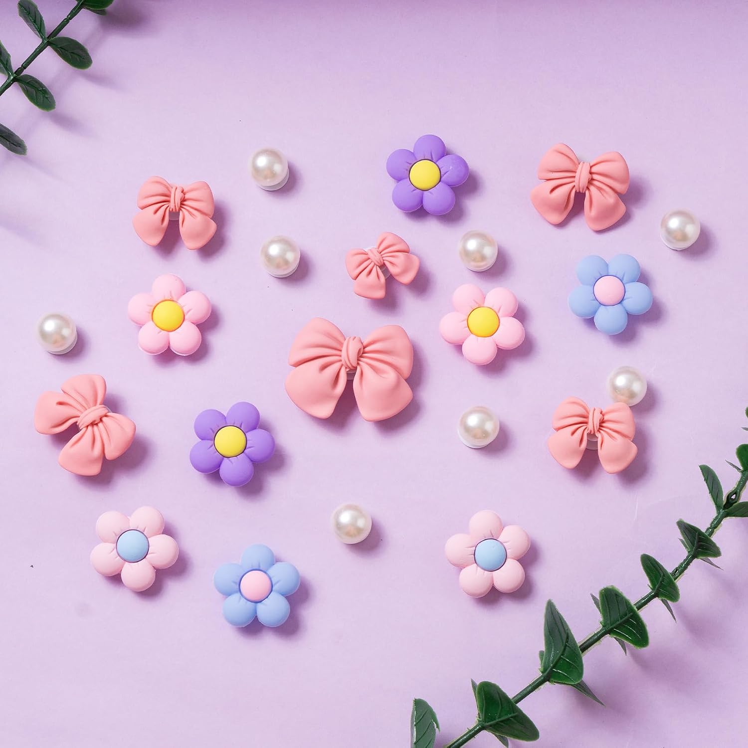 Cute Bow Shoe Charms for Girls, 24PCS Flower Shoes Charms Accessories for Clog Sandals, Pearl Decoration for Women, DIY Party Favor