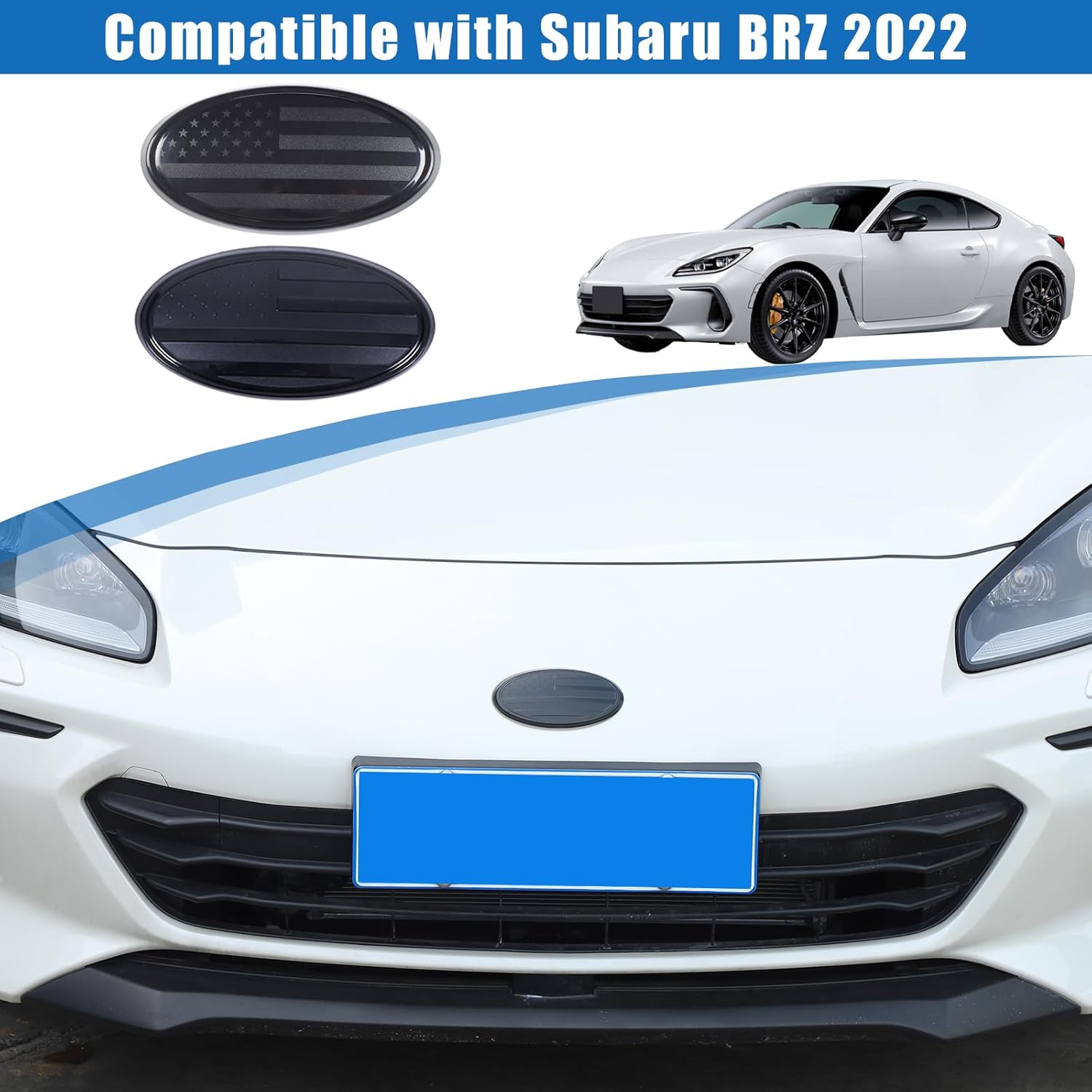 Car Front Rear Emblems Trim Cover Compatible with Subaru BRZ 2022-2025，ABS Car Logo Trim Cover，Front Grille Rear Tailgate American Flag Decoration Emblems Accessories