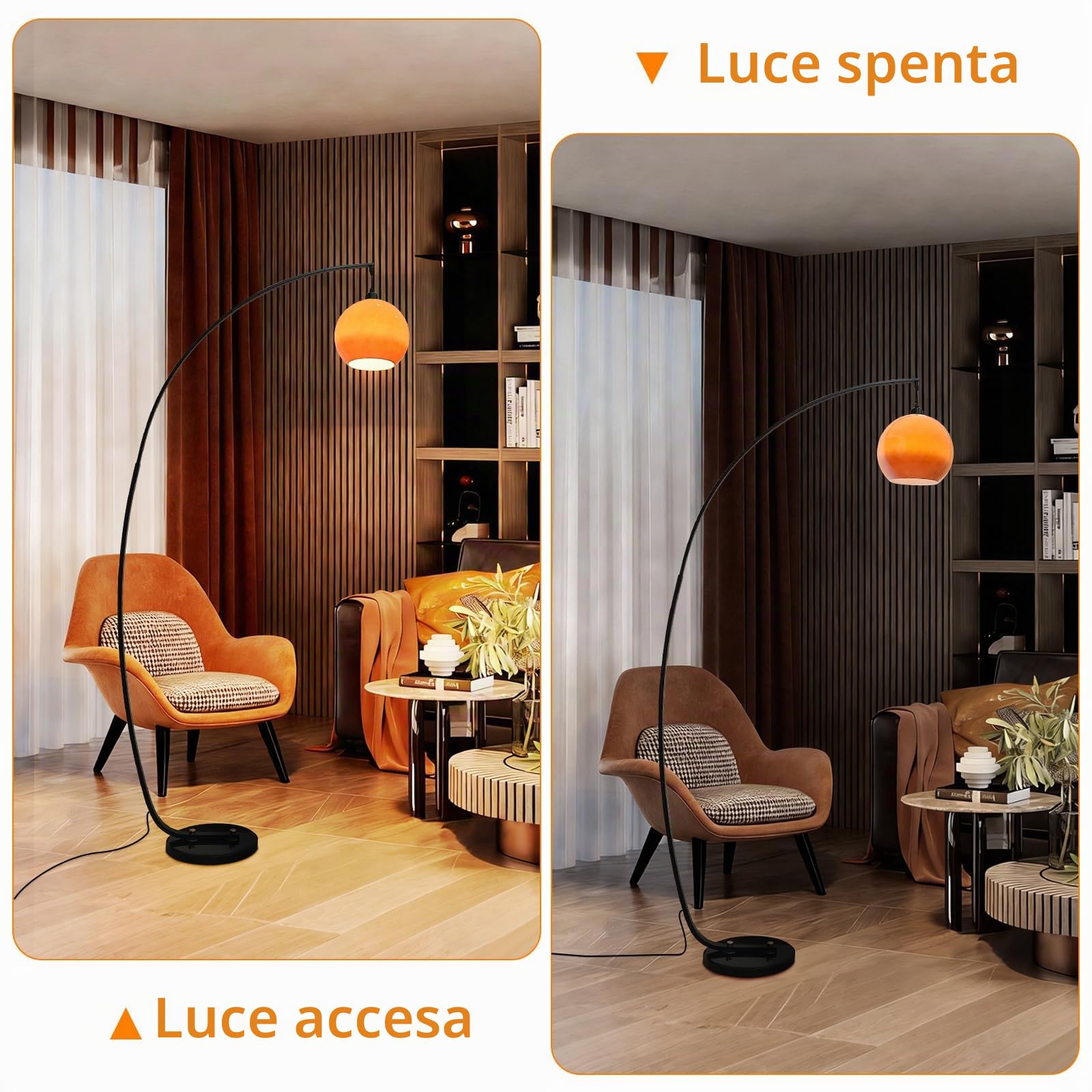 Lampada Da Terra Moderna In Vetro Arancione, Arc Da 70,9", A Globo In Vetro Con Attacco E27 Dimmerabile, Alta Curva Per Soggiorno E Camera Da Letto.