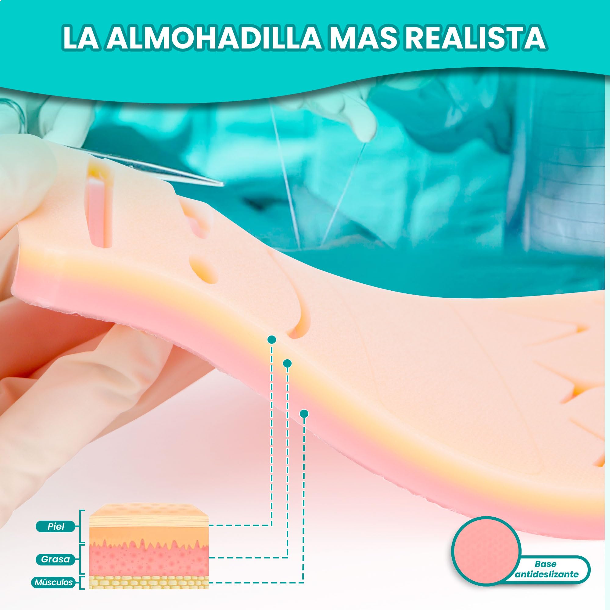 Kit sutura con almohadilla Extra Larga con zona de corte libre - Kit de sutura quirurgica con instrumental completo, para practicar suturas quirurgicas, kit practica sutura