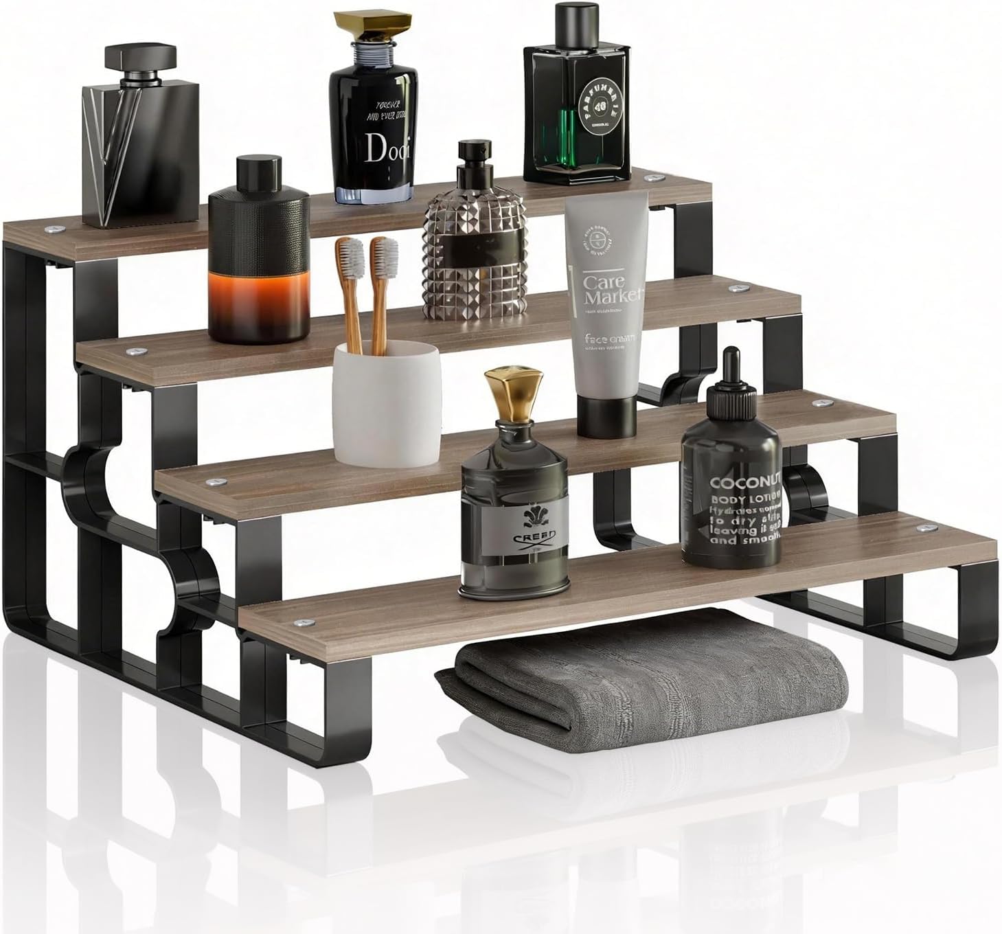 Perfume Stand for Men,4 Tier Cologne Organizer,Display Shelf Stands for Dresser,Wooden Shelf Display Risers for Party,Makeup,Figures,Cupcake,Dessert(Walnut,Width=14")