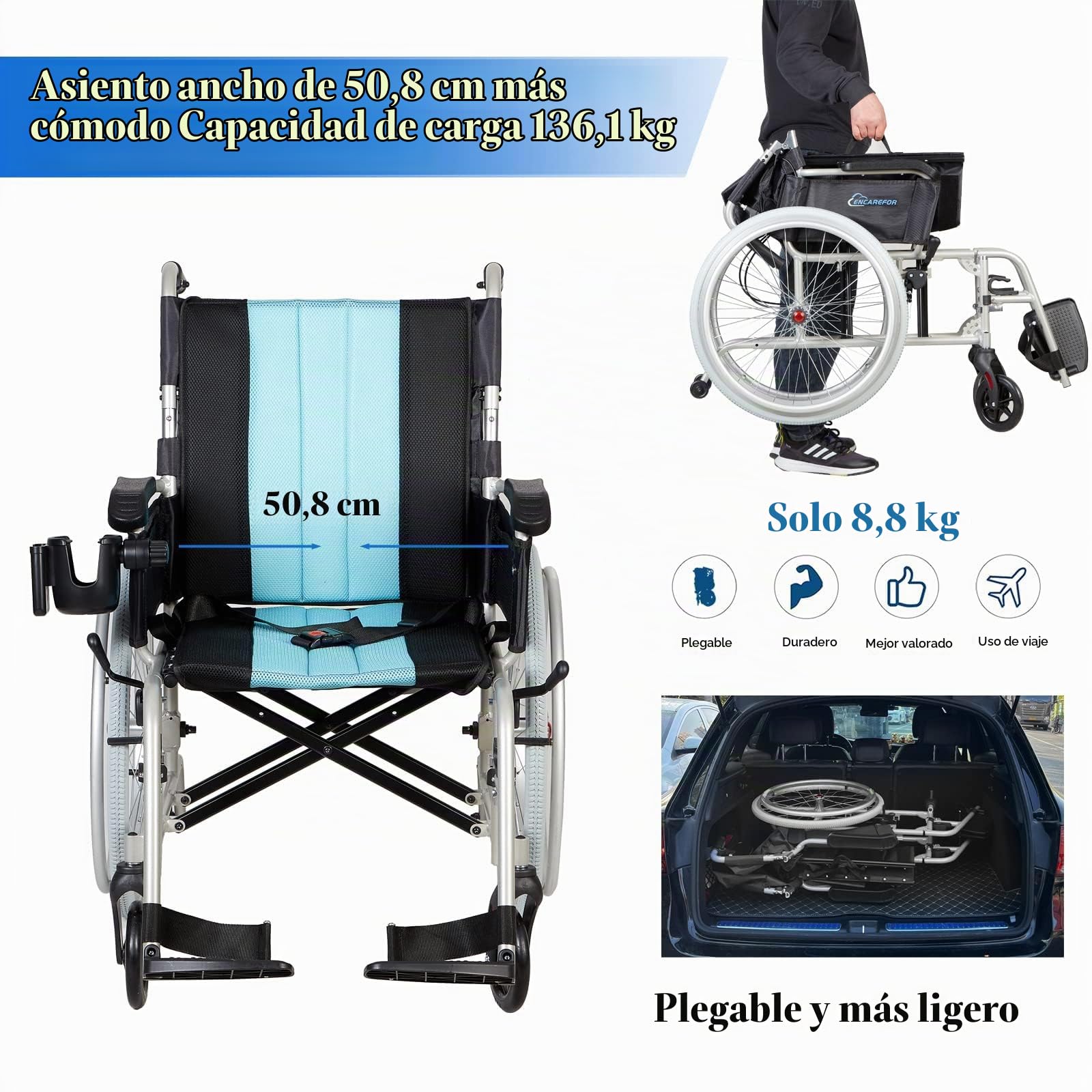 con silla de ruedas plegable ligera de 5,8 kg, respaldo ergonómico, asiento de 50 cm, silla de ruedas para ancianos y discapacitados, silla de ruedas autopropulsada de magnesio y plata