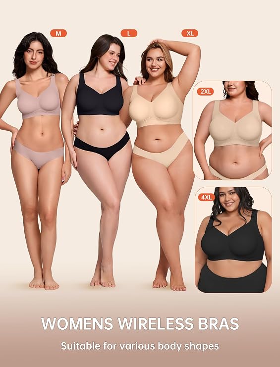 LetsJoli Bras for Women Supportive Wireless Push Up Bra Full Coverage No Underwear Seamless Plus Size for Older Women(Black,4XL