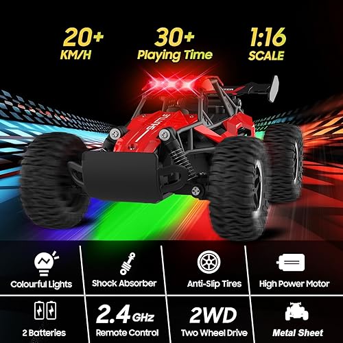 Miniatura 2 de Auto a control remoto para niños de 3, 4, 5, 6, 7+, 20 KMH, autos RC de alta velocidad con luces LED, 2.4 GHz 2WD Monster Truck juguetes, autos de