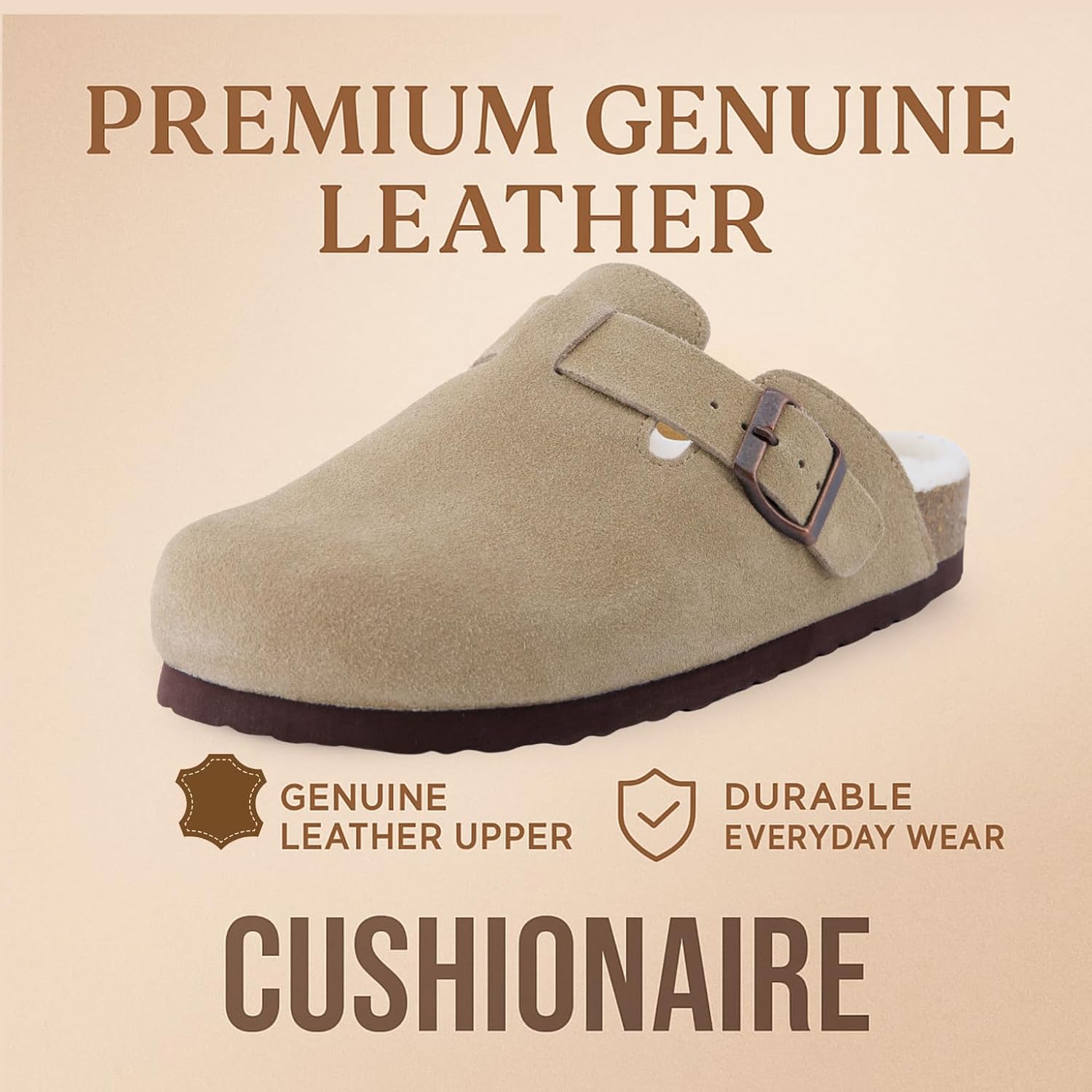 CUSHIONAIRE Women's Hana Cork footbed clog with Genuine Leather upper, Faux Fur lining, and +Comfort