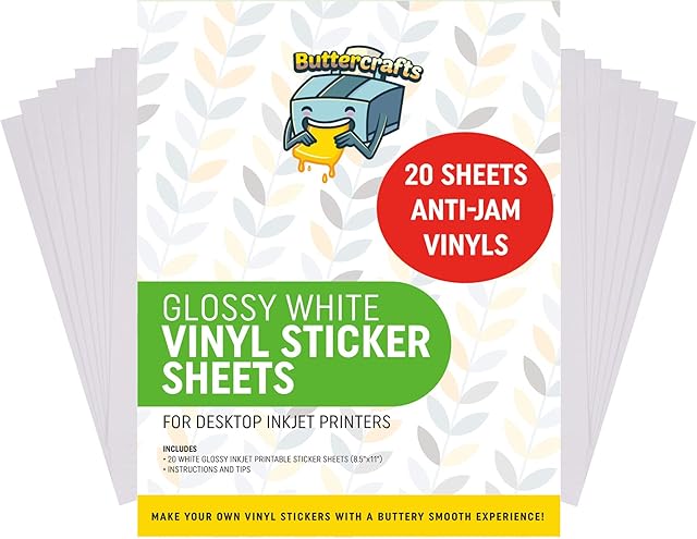 Buttercrafts Printable Vinyl - Sticker Paper for Inkjet Printer - Glossy Inkjet Printable Waterproof Sticker Paper for Cricut - Make Labels and Decal (20 Sheets, 8.5" x 11", Anti Jam)