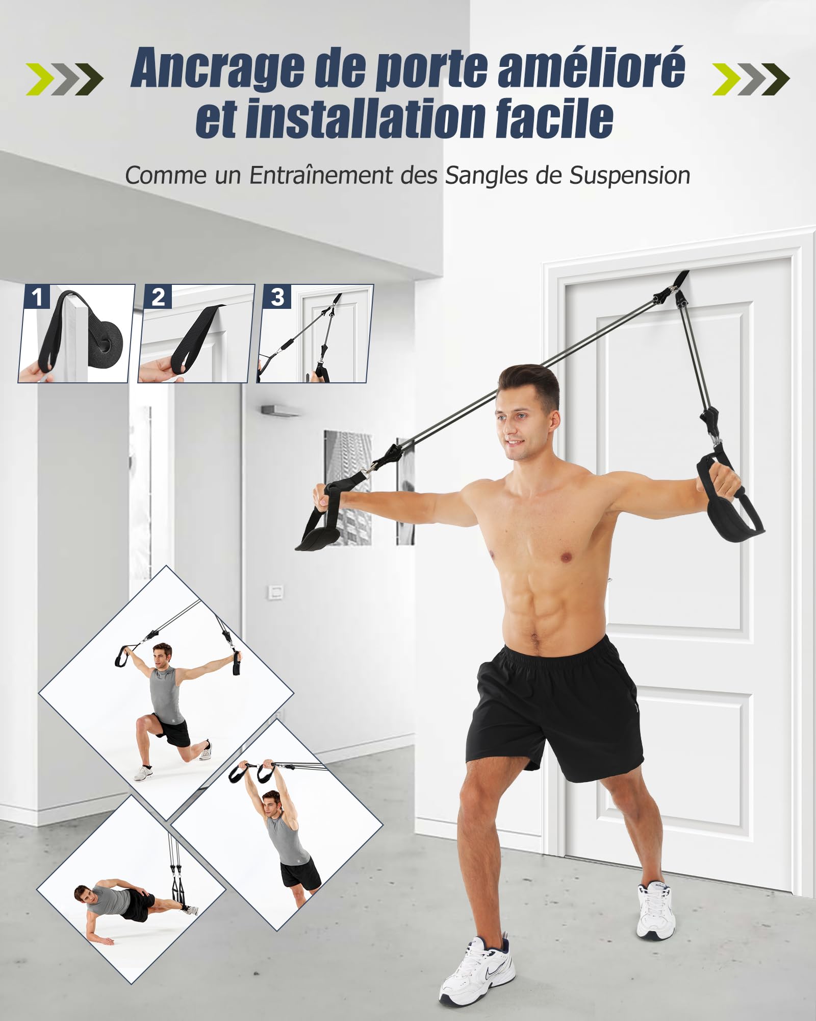 ALongSong Elastiques de Musculation Barre de Pilates avec 6 Bandes de Résistance Élastique 240LBS/360LBS Ancrage de Porte Réglable Amovible pour Fitness Yoga Étirement Squat