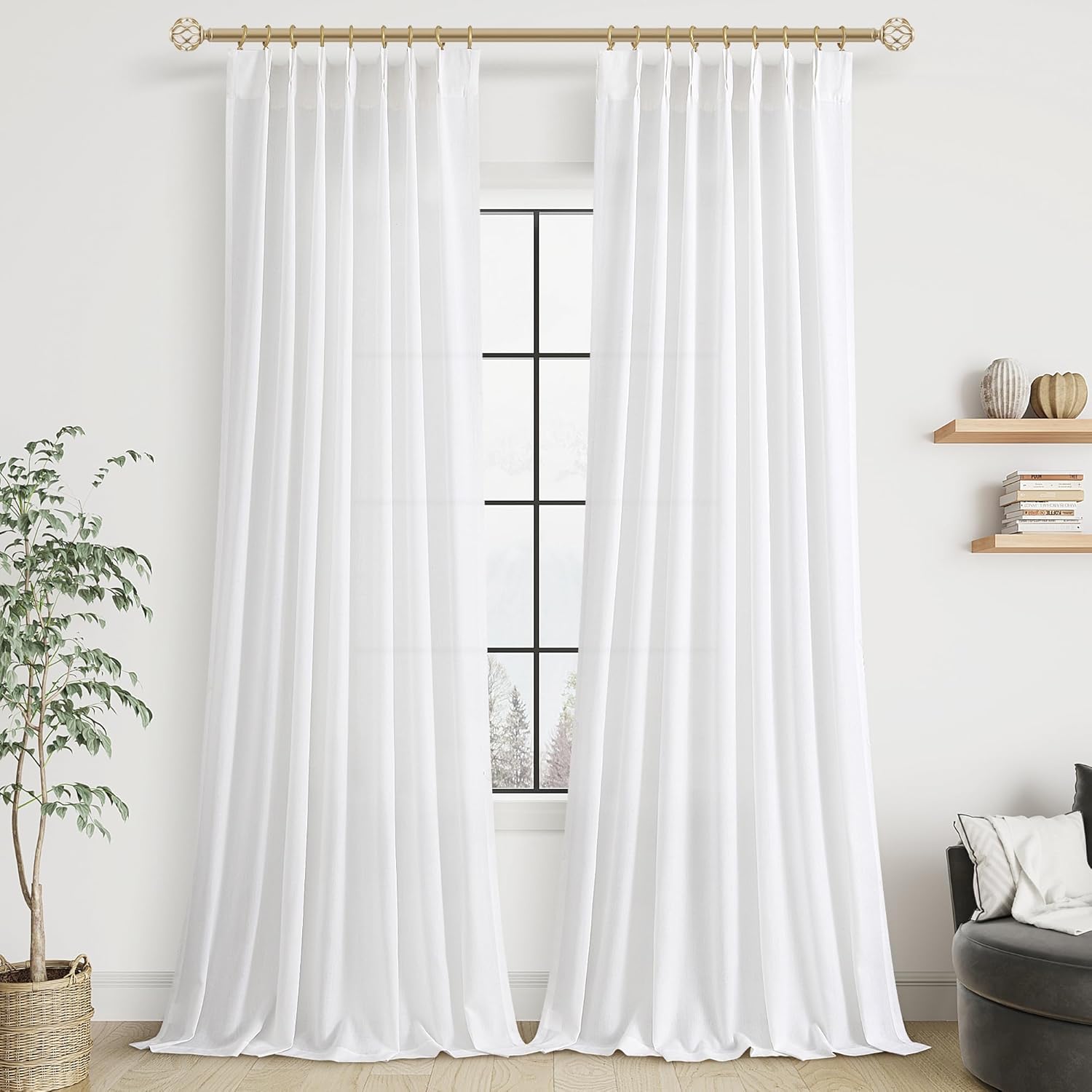 White Linen Pinch Pleated Curtains 108 Inches Long 2 Panels for Living Room Bedroom Extra Long Cotton Light Filtering Linen Drapes 108 Inch Length Back Tab Semi Sheer Ceiling to Floor Curtain 9Ft W40xL108 Soft White