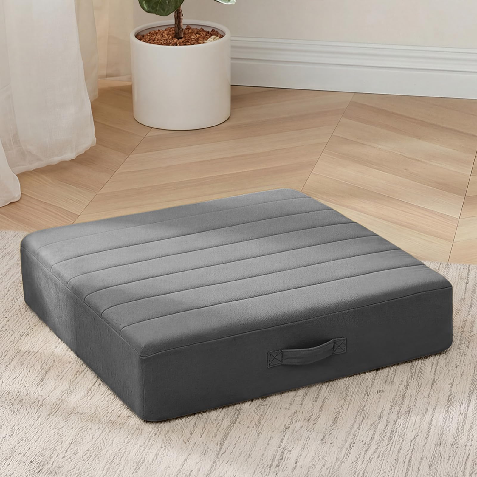 MeMoreCool Floor Pillow 22"x22" โ Tufted Meditation Cushion with Foam Core, Grey Washable Cover & Handle | 5" Thick Firm Foam | for Adults, Kids, Yoga, Tatami, Pet Seating