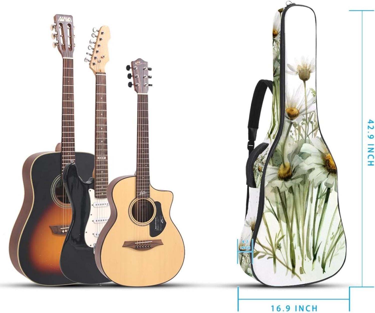 Acoustic Guitar Bag, 40 41 42 Inch Guitar Case Cover Soft Guitar Gig Bag for Acoustic Electric Bass Classical Guitar, Watercolor White Chamomile Flowers