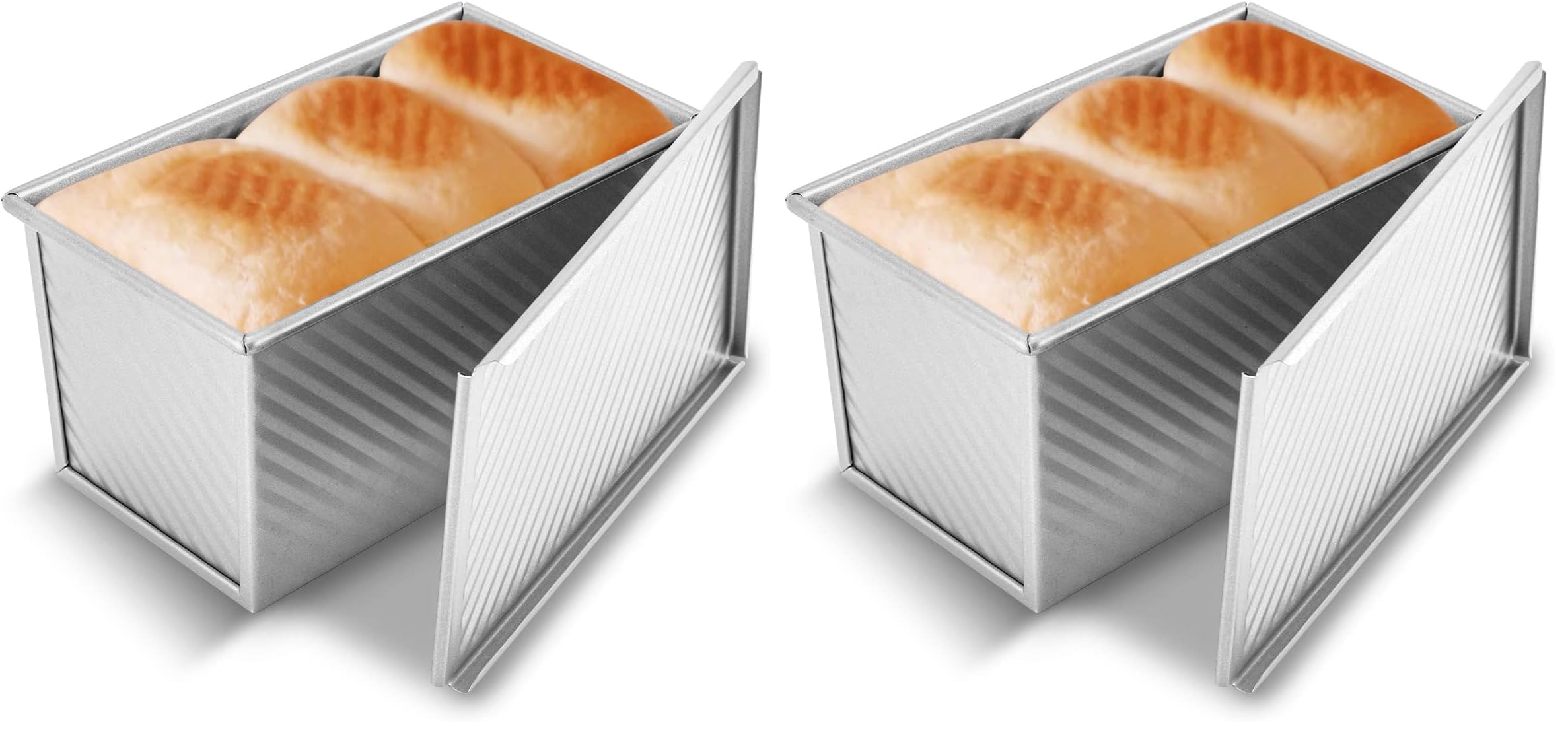 KITESSENSU Pullman Loaf Pan with Lid, 1 lb Dough Capacity Non-Stick Bakeware for Baking Bread, Carbon Steel Corrugated Bread Toast Box Mold with Cover for Baking Bread, Silver (Pack of 2)
