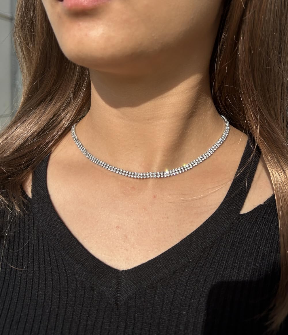 WangGao Stainless Steel Double Layer Rhinestone Choker Sparkling Crystal Tennis Necklaces for Women Shiny Cubic Zirconia Choker Jewelry Bridal Wedding Bridesmaid - Image 5