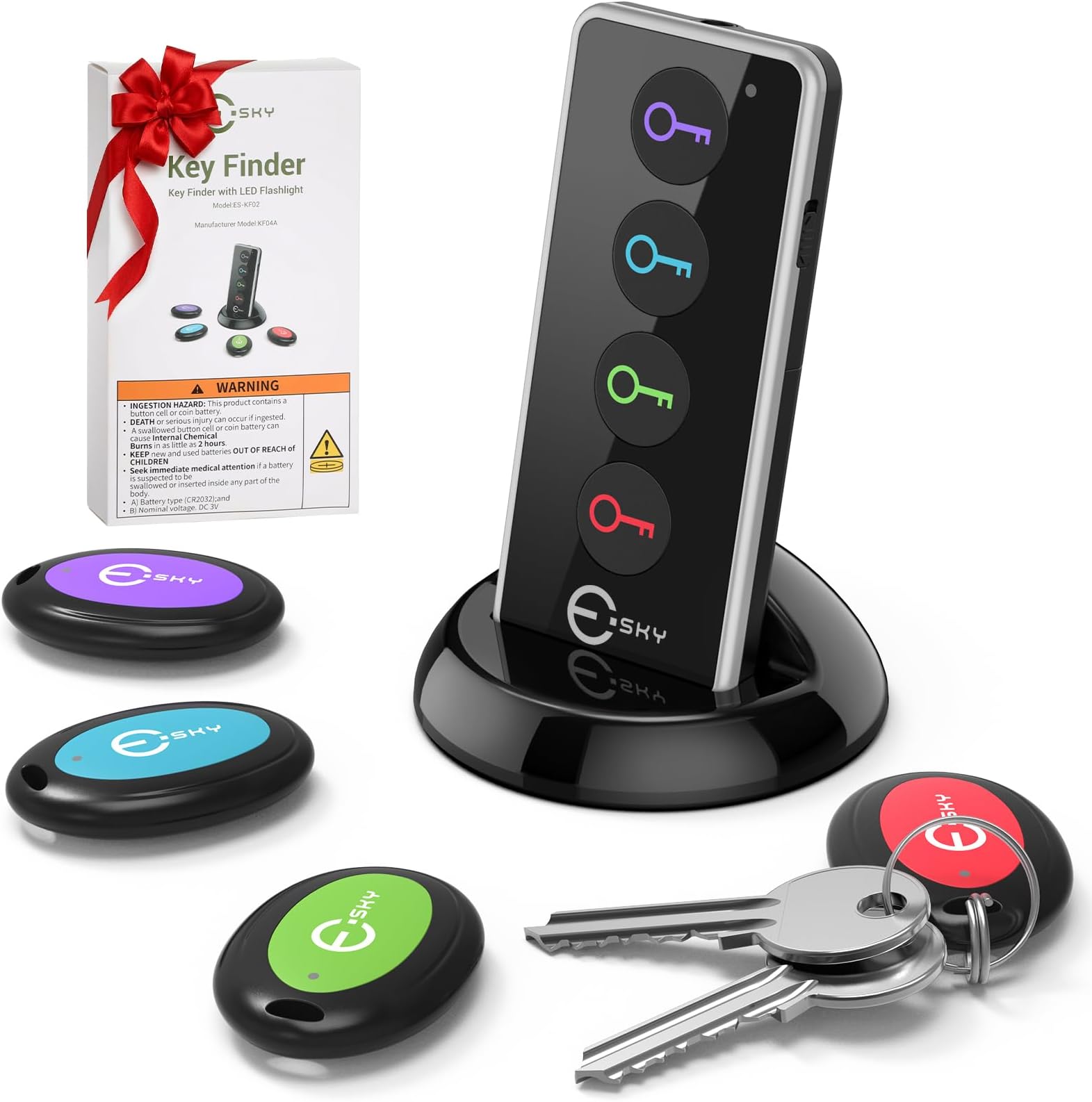 Key Finder, Esky 4 in 1 Wireless Key Tracker Remote Control RF Item Locator with LED Flashlight and Base Support for Keys, Dogs, Cats, Wallet, Cell Phone, Best Gifts