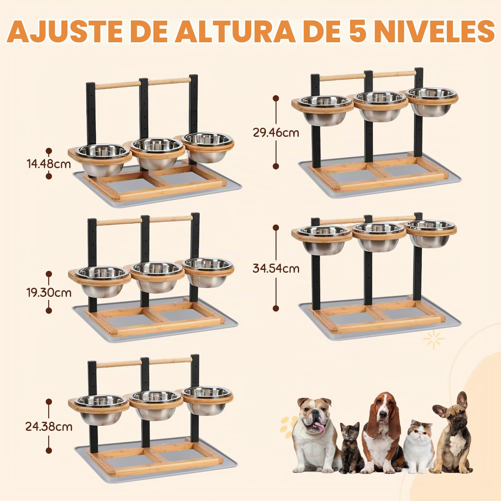 Comedero para perros elevado, 5 alturas ajustables con 3 cuencos 1400 ml