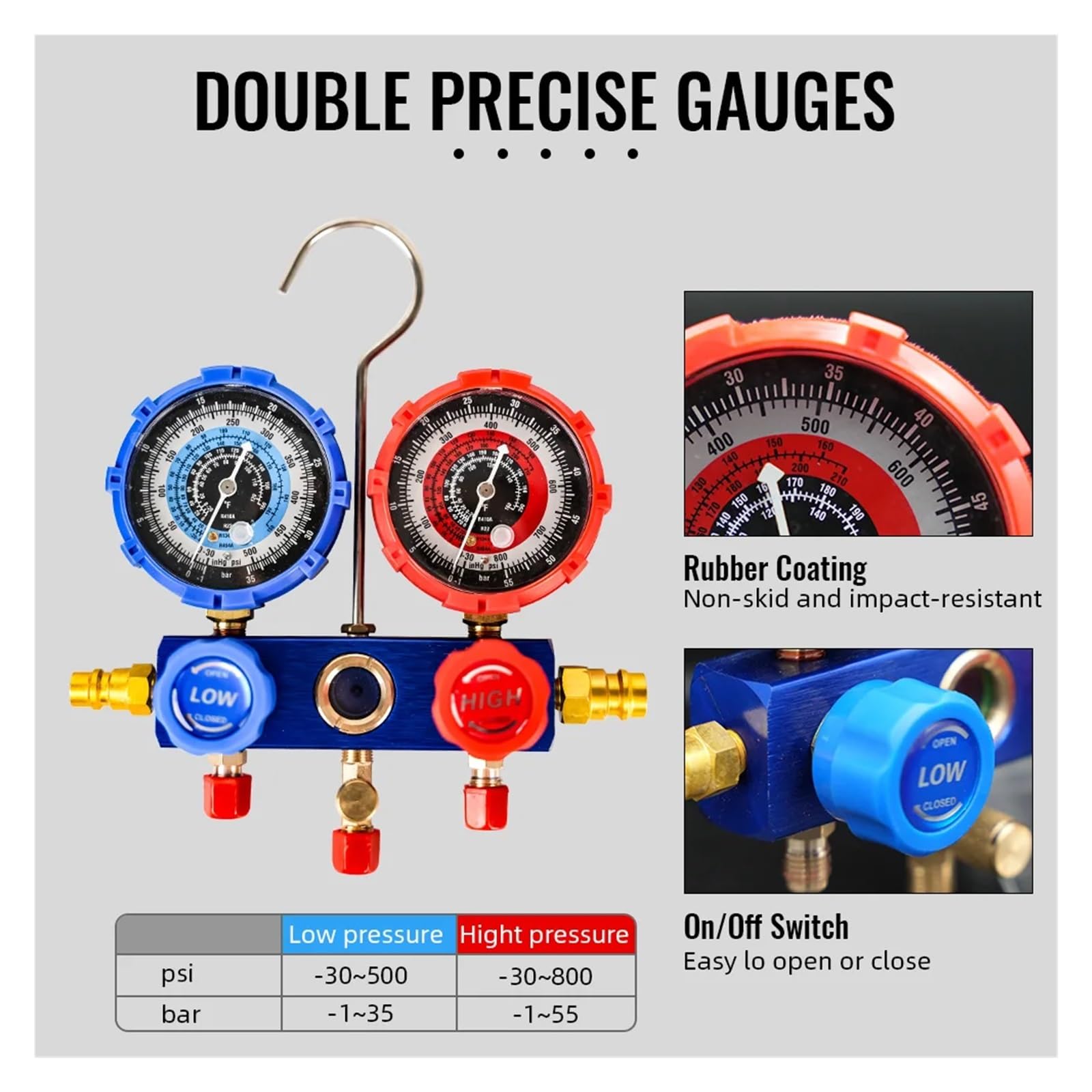 Misuratore collettore A/C a 4 vie per refrigerante R134A R22 con tubo flessibile da 1,5 m, raccordi regolabili e rubinetto della lattina