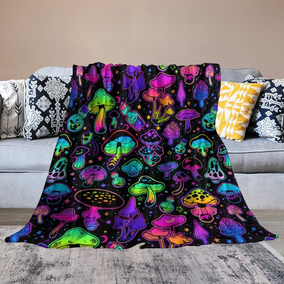 Liliha Colorful Mushrooms Blanket Enlarged Plush Throw, 50"x40" Rainbow Kawaii Fungus Flannel for Sofa Couch Bedroom Decor All Season - Image 9
