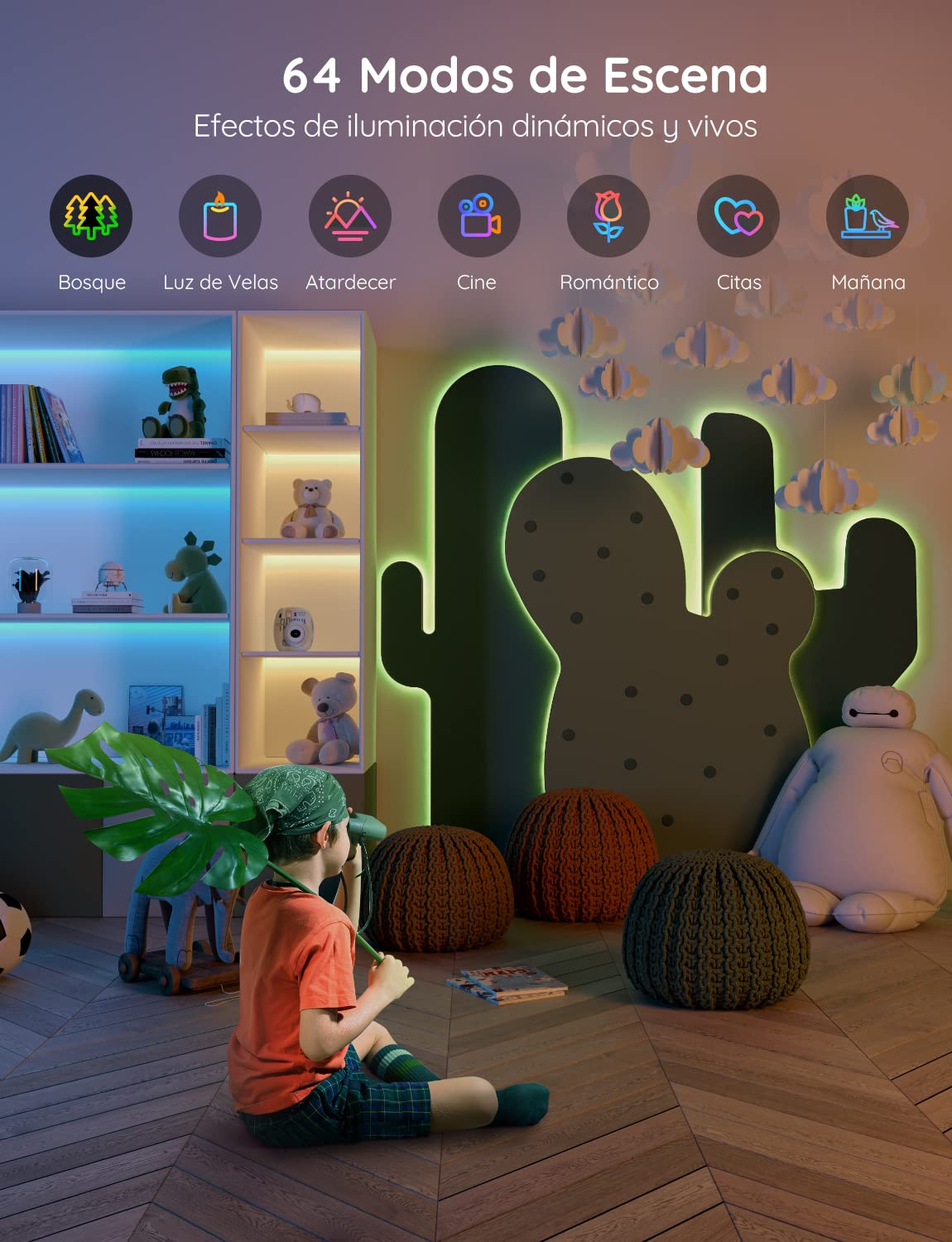 Govee Tira LED 20m, WiFi Luces LED Habitacion Inteligente RGB, Funciona con Alexa, Google Assistant y App, 64 Modos de Escena y Sincronización de Música para PC Gaming, Techo y Fiesta