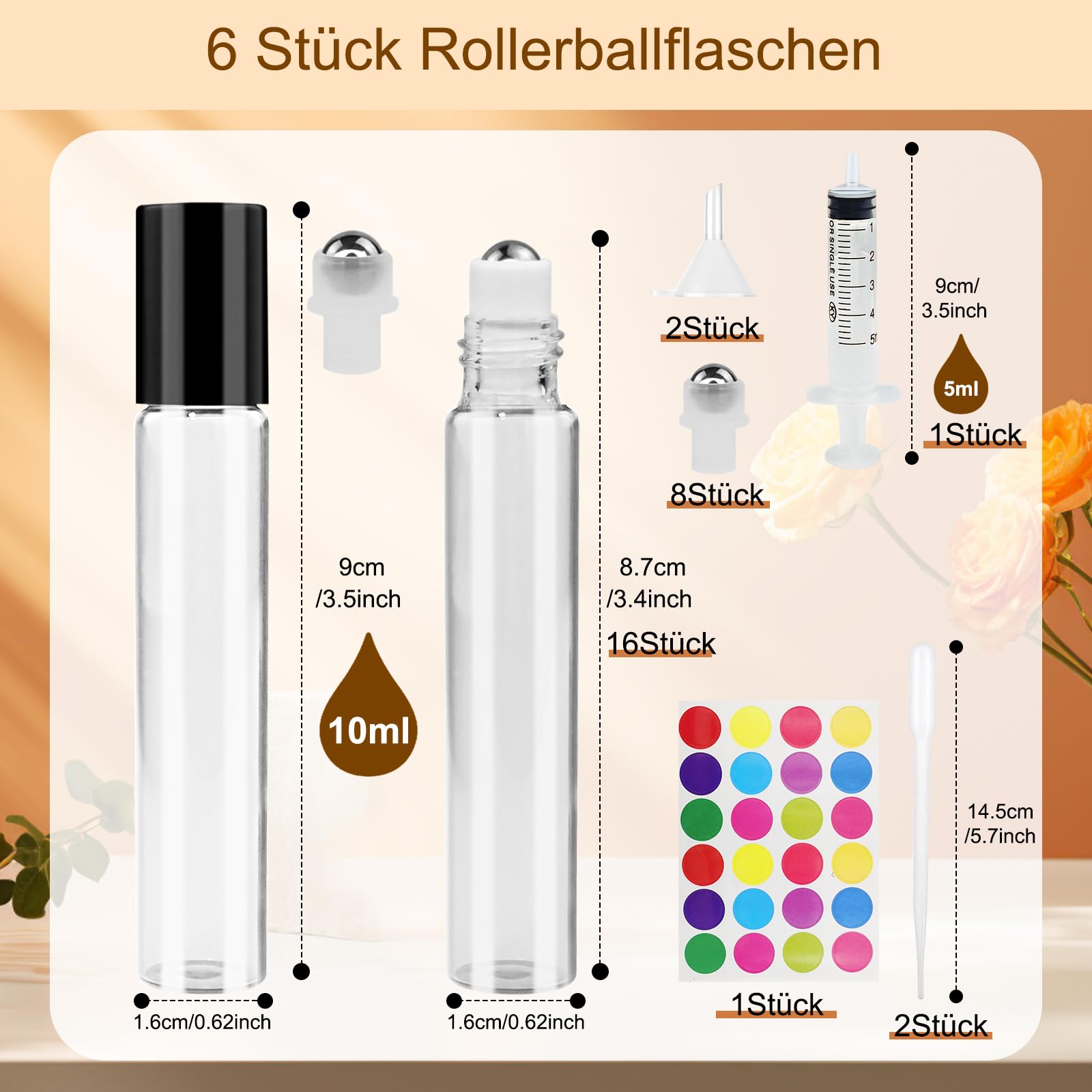 Botellas Roll-On 10ml para Aceites Esenciales, Frascos de Vidrio Vacíos con Accesorios