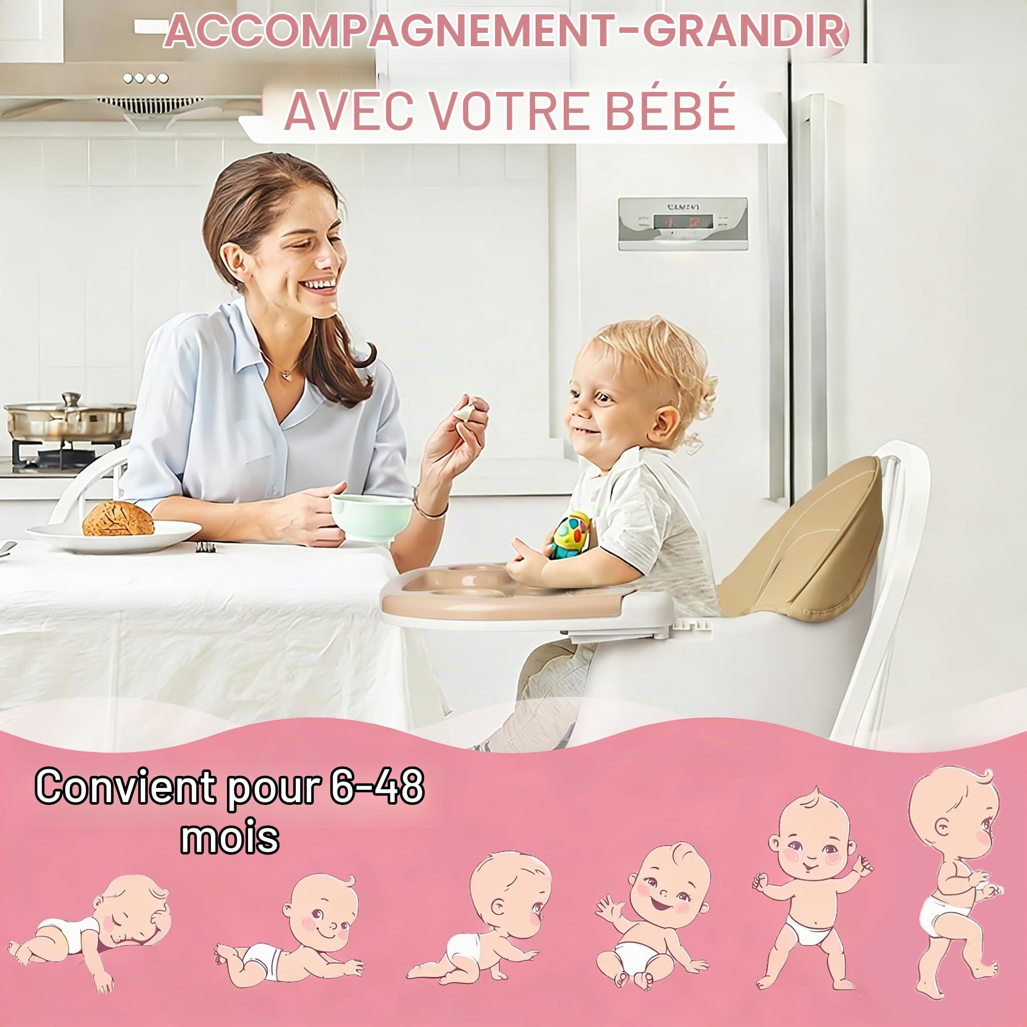 Chaise Haute Bébé 4-en-1, Chaise Haute Bébé Réglable et Convertible avec Ceinture de Sécurité, Plateau, Facile à Nettoyer, Siège Bébé de 6 Mois à 6 Ans (Beige)