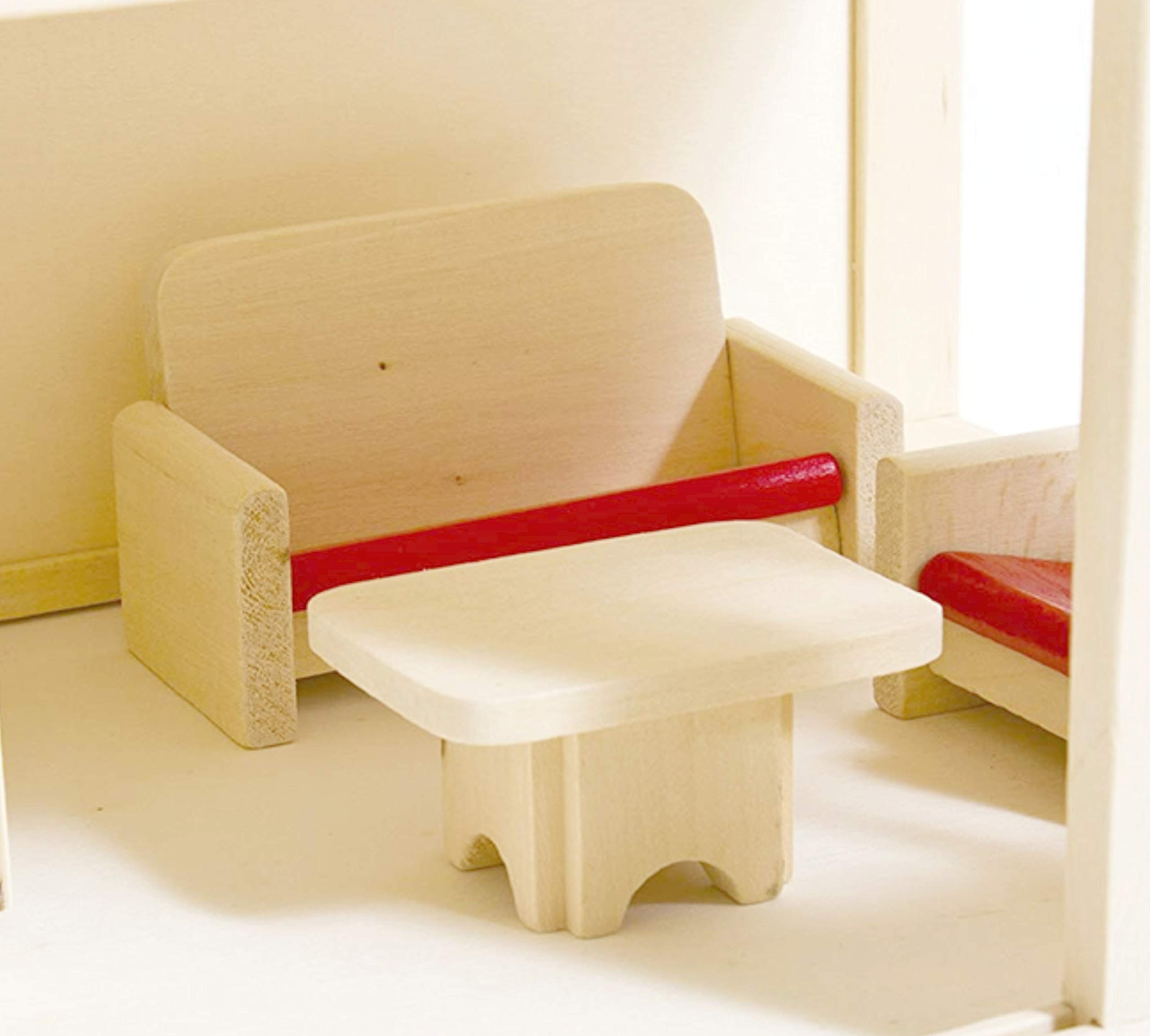 Izzy Casa delle bambole in legno con 2 piani, 4 bambole e 9 mobili | Maniglia per il trasporto (casa delle bambole per bambini con 2 piani, mobili e accessori) - (38 x 27 x 39 cm)