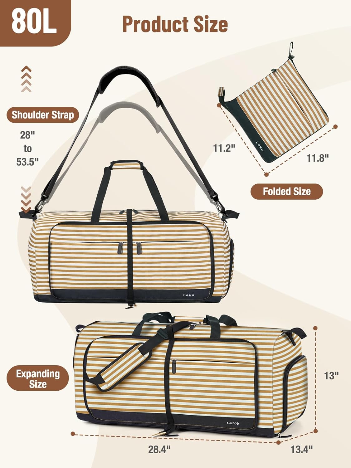 Lekesky Foldable Travel Duffle Bag for Women, Large Duffel Bag with Separate Shoes Compartments & Straps, Carry On Weekend Bag for Women, Hospital, Overnight (Stripe & Beige, 80L) - Image 3