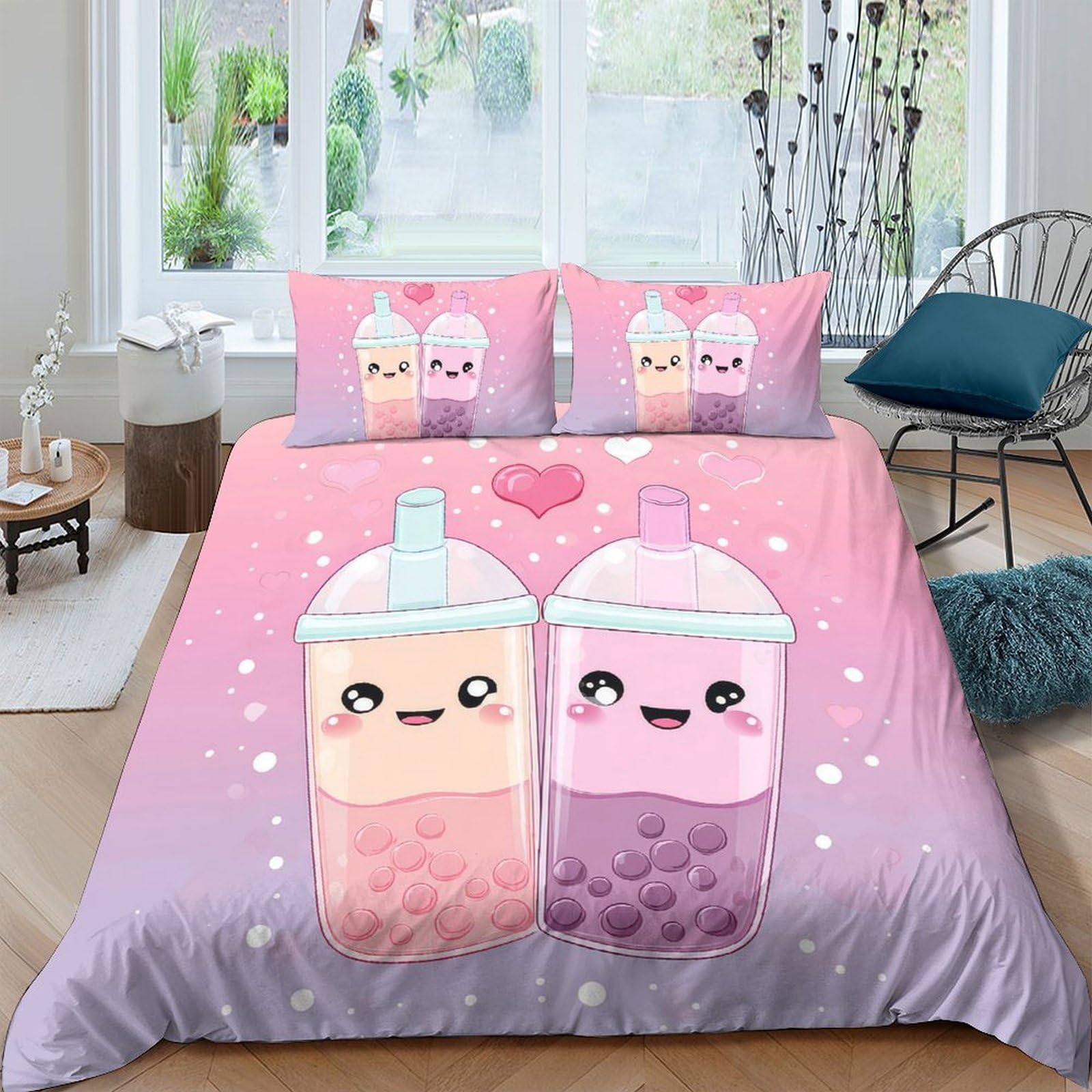 Ctjqhvkz Style-2 3D Printed Cute Bubble Tea Fitted Sheet Microfiber Cartoon Pink Purple Bed Cover For Bedroom Dorm Mattress Protection Single（135X200cm）