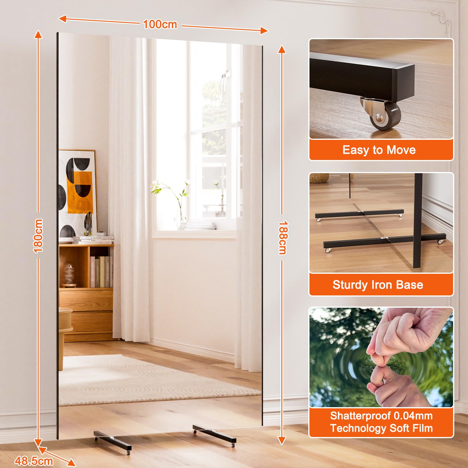 brisafe Miroir intégral sans verre - 180 x 100 cm - Rotatif - Incassable - Noir | Miroir sur pied léger avec roulettes, mobile ; pour salle de gym, salle de danse, yoga, boutique et gym à domicile