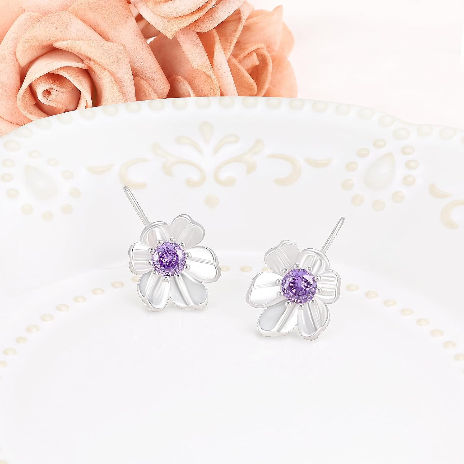 Sterling Silver Flower Earrings - Purple Cubic Zirconia Drop Dangle Earrings Hypoallergenic Lightweight Sparkle CZ Floral Dangling Earring Dainty Gifts for Mom Wife - Image 2