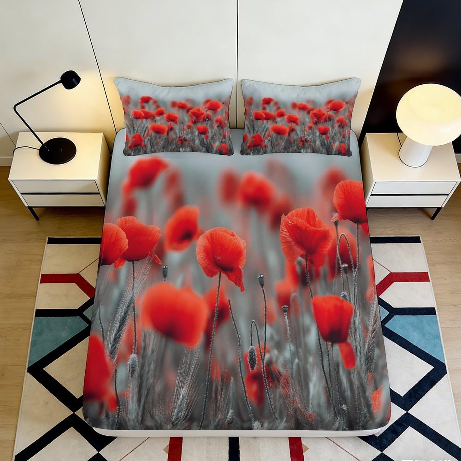 3D Printed Red Poppy Meadow Fitted Sheet Microfiber Breathable Gray Floral Mattress Cover for Bedroom Guest Room Dorm Decor 90x200x25cm