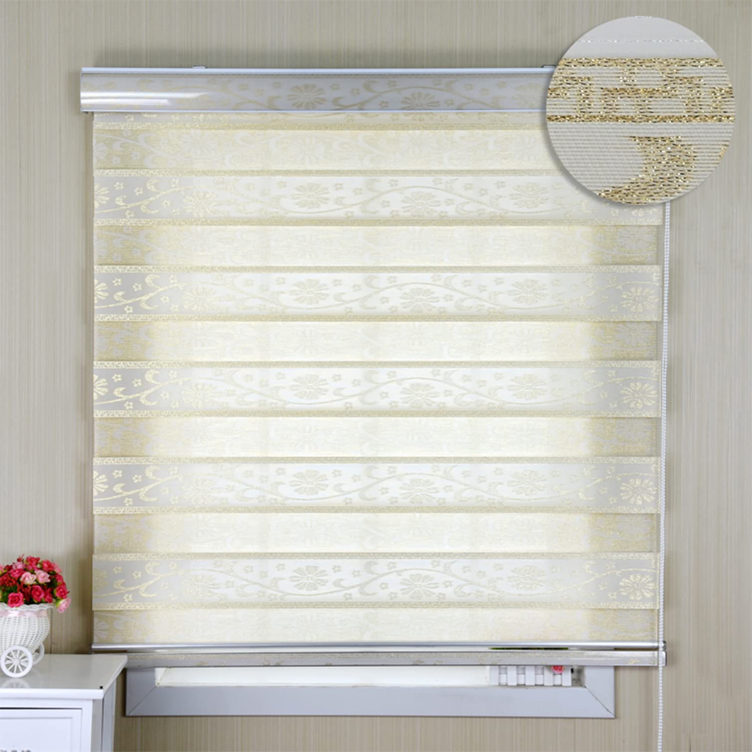 Estor Enrollable Doble Tejido Noche y Día,Persiana Enrollable para Ventanas Puertas,Cortina Opaca,Estor Cebra con Accesorios,Transparente y Privacidad,Sin Perforar,Beige (120x160cm/47x63in)