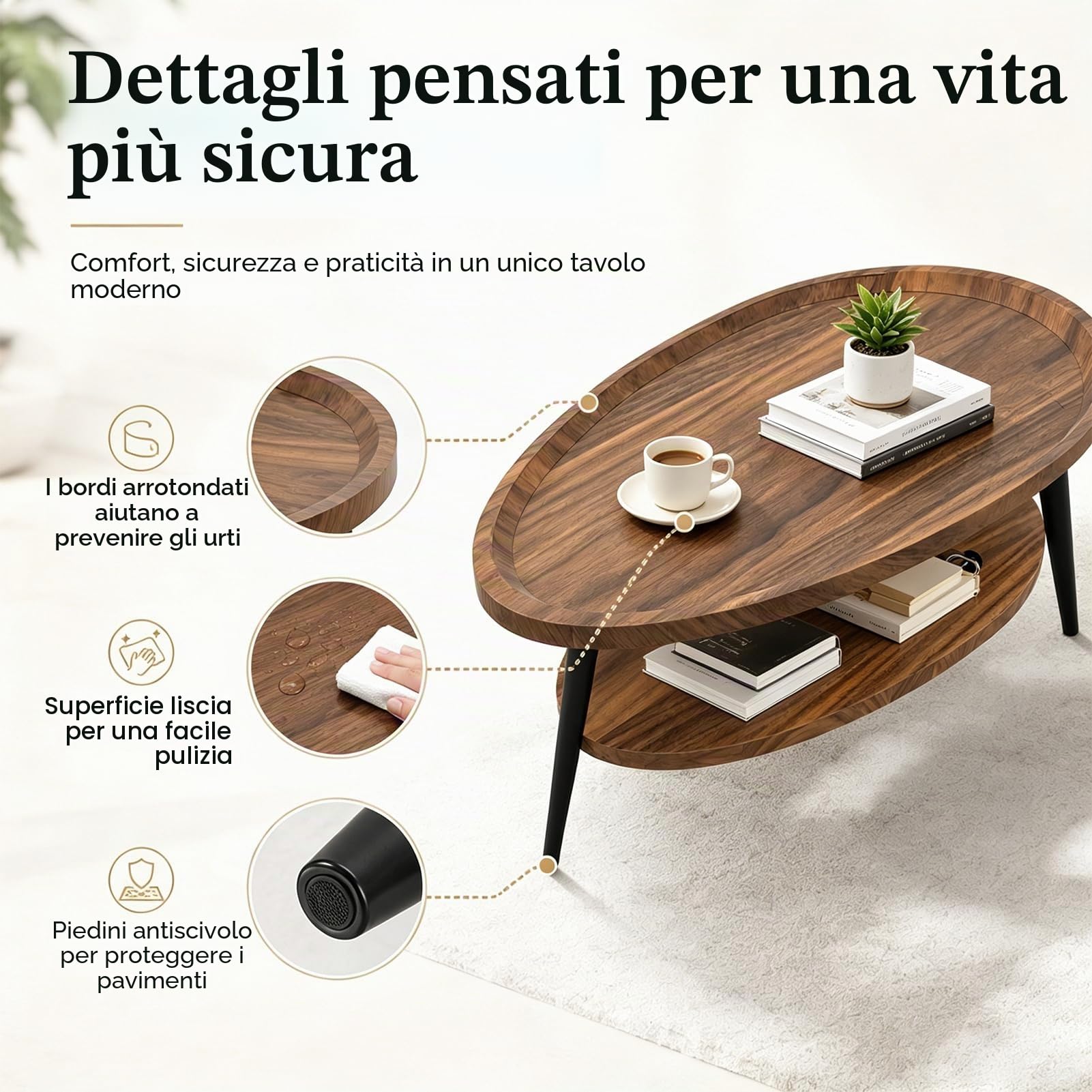 Tavolino da Salotto Ovale, Tavolo per Divano, Piccolo e Moderno, con 2 livelli, Tavolino da Caffè con telaio in metallo, per Soggiorno, Balcone, Studio, 100 x 55 x 38 cm
