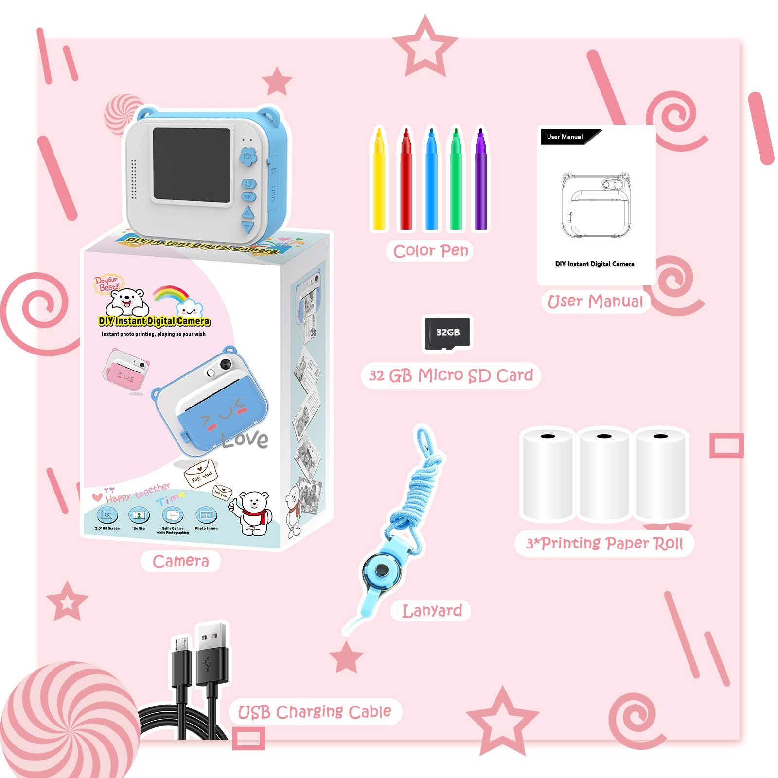 Macchina Fotografica Bambini Istantanea,ULEWAY Digitale Fotocamera 1080P HD Videocamera Giochi con 32GB Scheda SD, 5 Penne Colorate, Regalo di Compleanno per Ragazzi e ragazze 3-12 Anni (Blu)