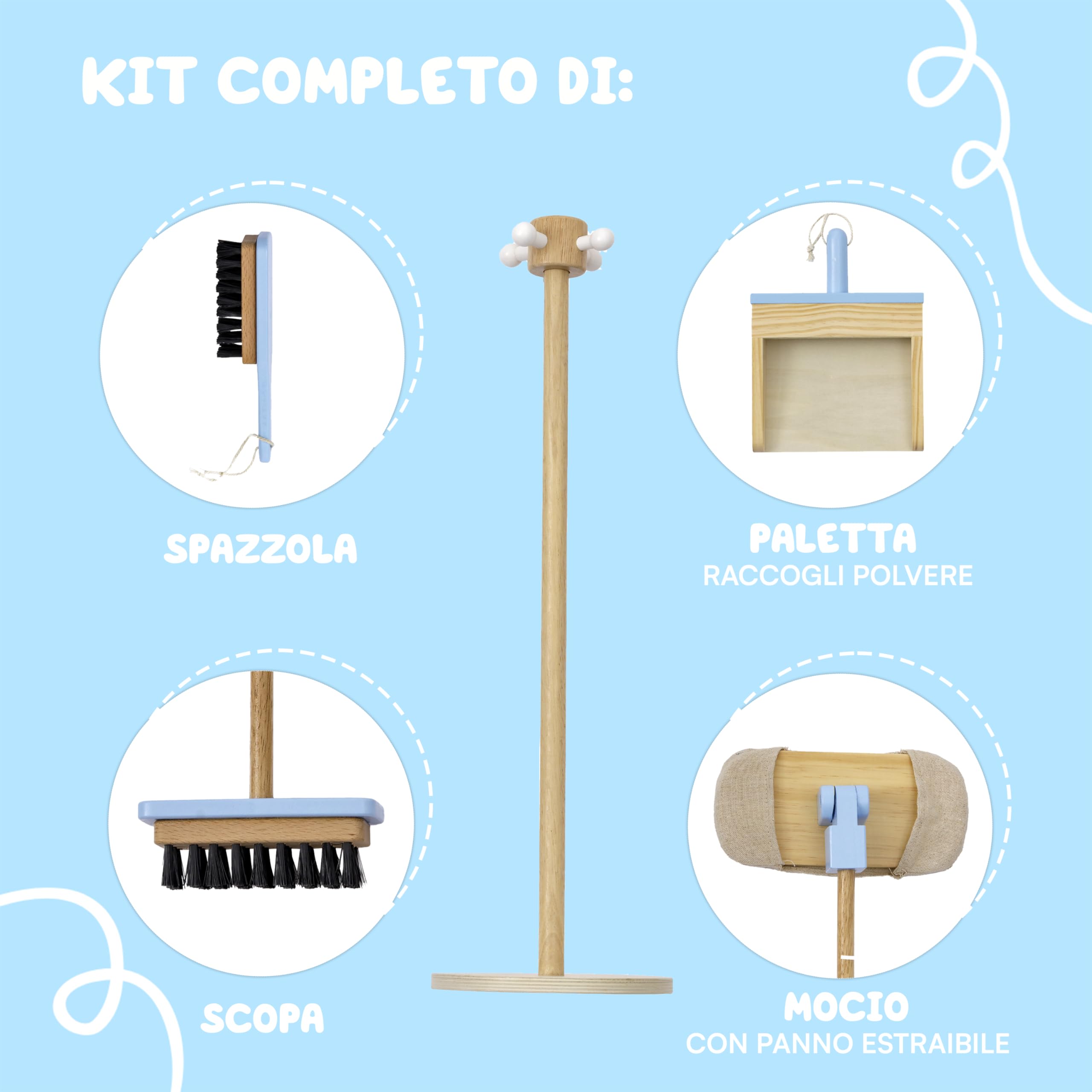 Baroni Toys Set Pulizia in Legno Montessori, 4 Pezzi con Supporto, Gioco Educativo per Bambini 3-6 Anni, Include Scopa, Paletta, Mocio e Spazzola, Facile da Montare e Leggero, 17x18x59 Cm