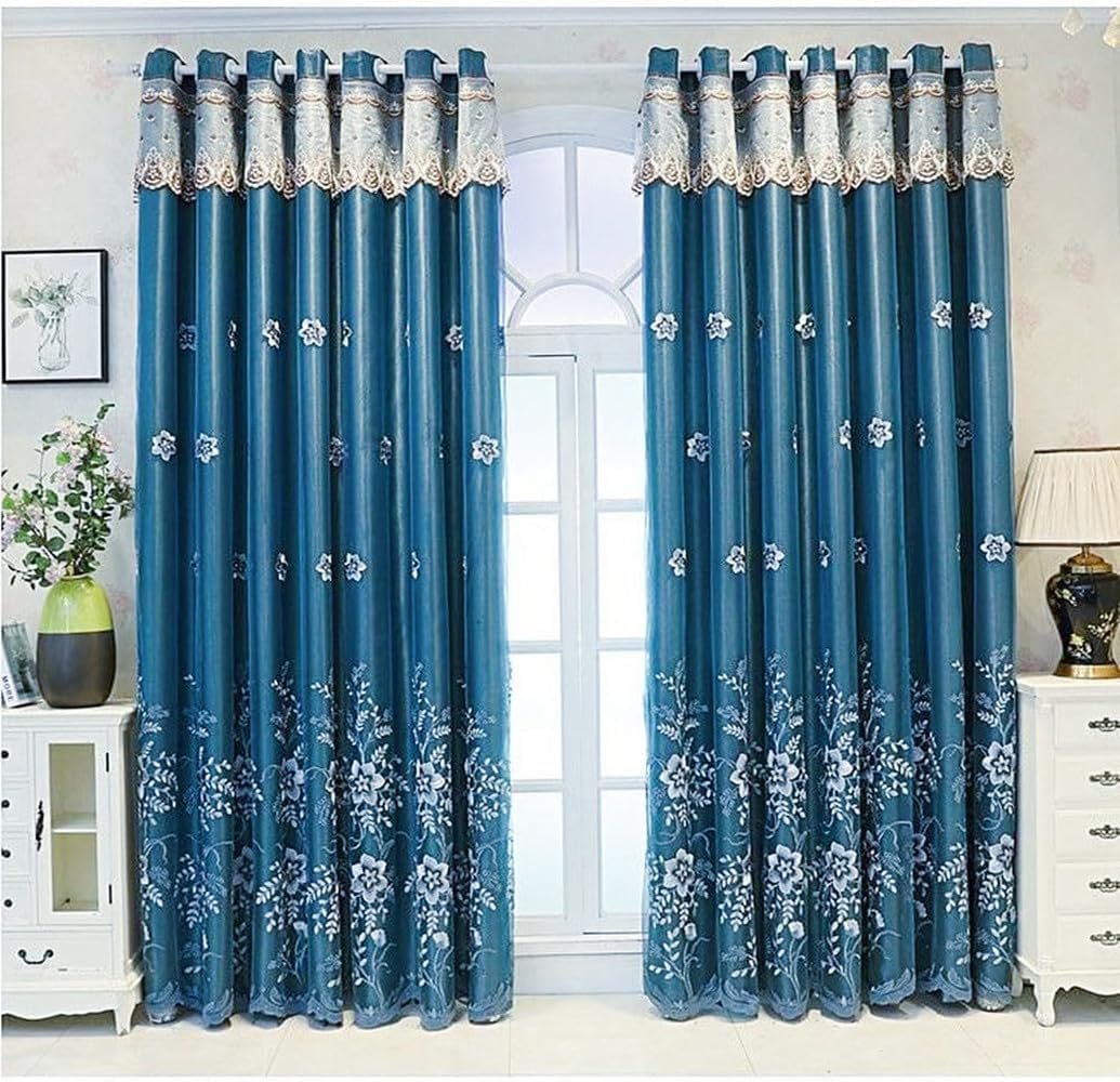 Amidoudou 1 Pair European Double Layer Curtains for Living Room Bedroom Luxury Flower Embroidered Curtains with Valance (Blue,54x84 Inch)
