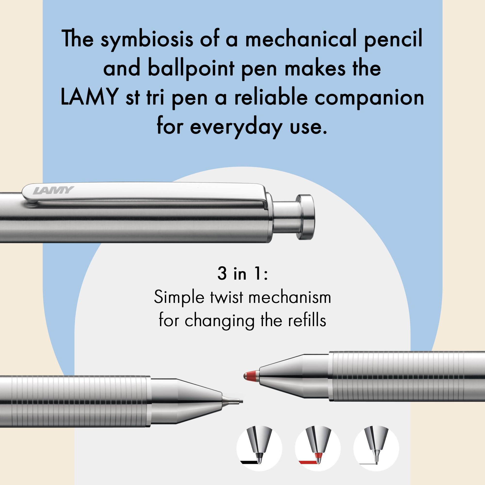 Lamy st matt tri pen Multifunktionsstift aus Edelstahl – schlanker Druckbleistift & Kugelschreiber in Einem – inkl. Kugelschreibermine M 21 in schwarz und rot & Feinstrichmine M 41 (0,5mm)