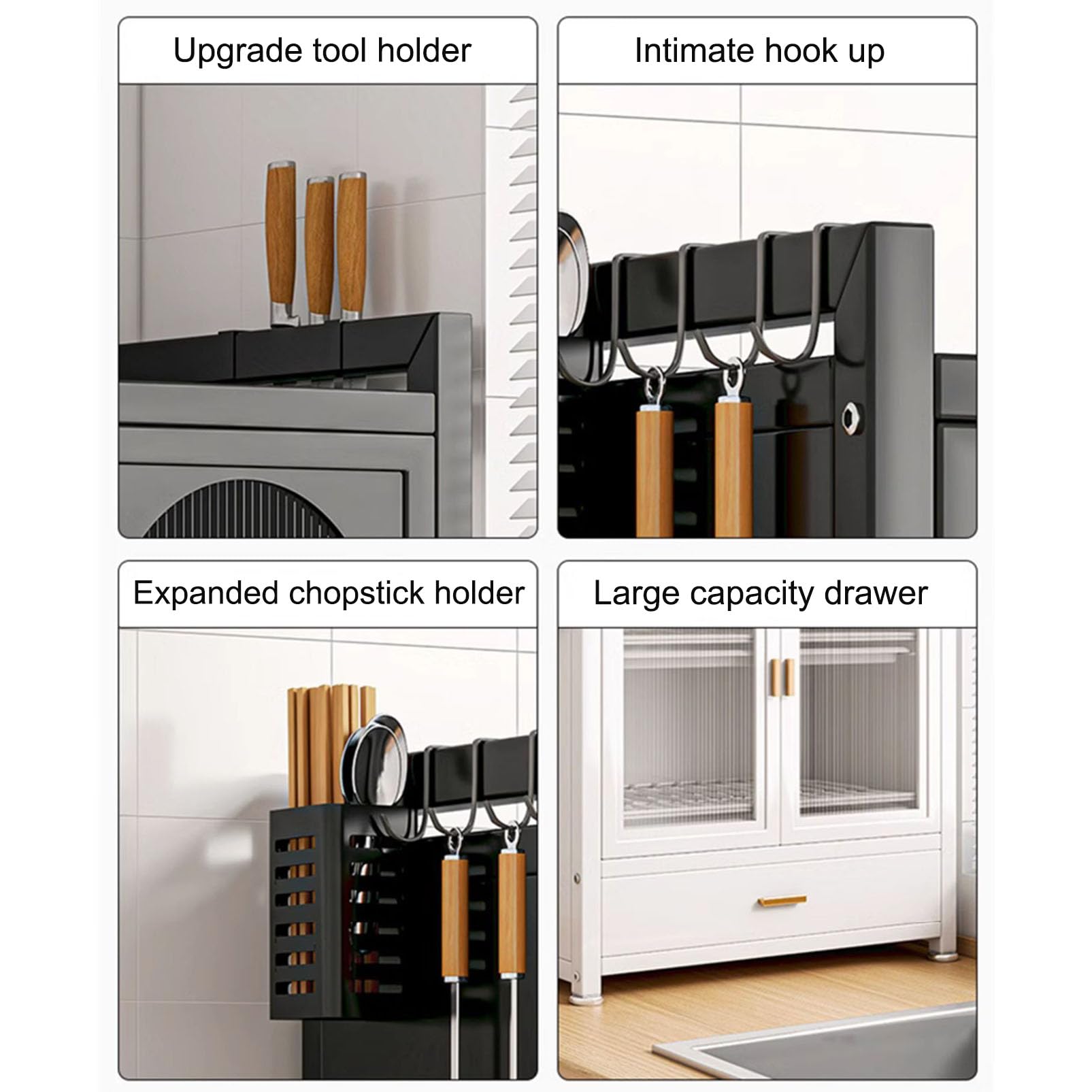 Küchenschrank-Organizer mit Abtropffläche, Allzweckschrank, Abtropfgestell, freistehendes Sideboard mit Glastüren, Metallutensilien und Weinglashalter